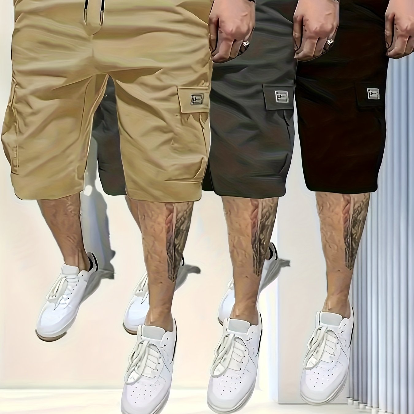 TEMU 3 piezas de Pantalones Cortos Carga de Ajuste Holgado Casual para Hombre - Bolsillos Grandes, Tela No Elástica Lavable a Máquina, Diseño