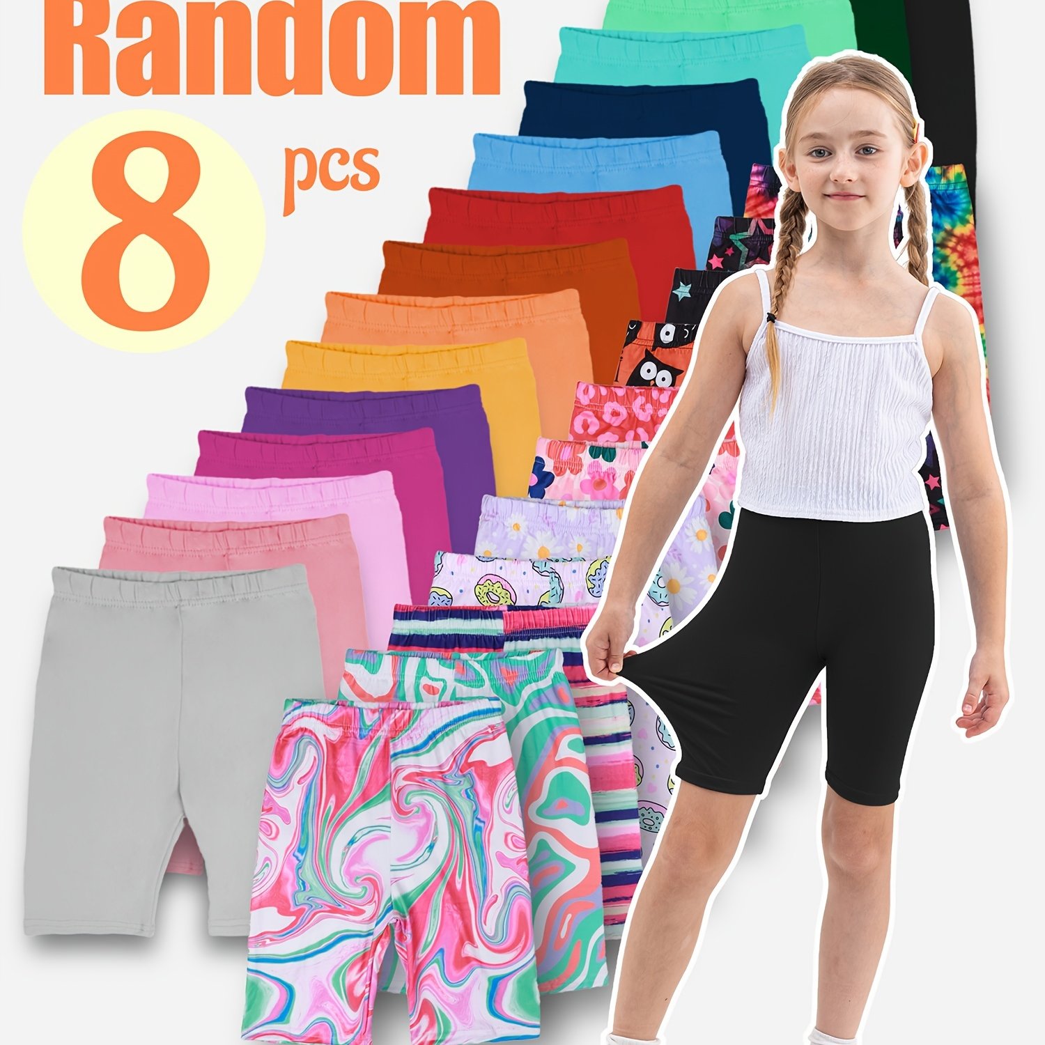 Image of Random 8pcs Set Of Roll-waist Knee-length Pants, Summer Girls' Versatile Brushed Stretch Ultra-elastic Leggings, Cycling Pants, Printed Solid Color