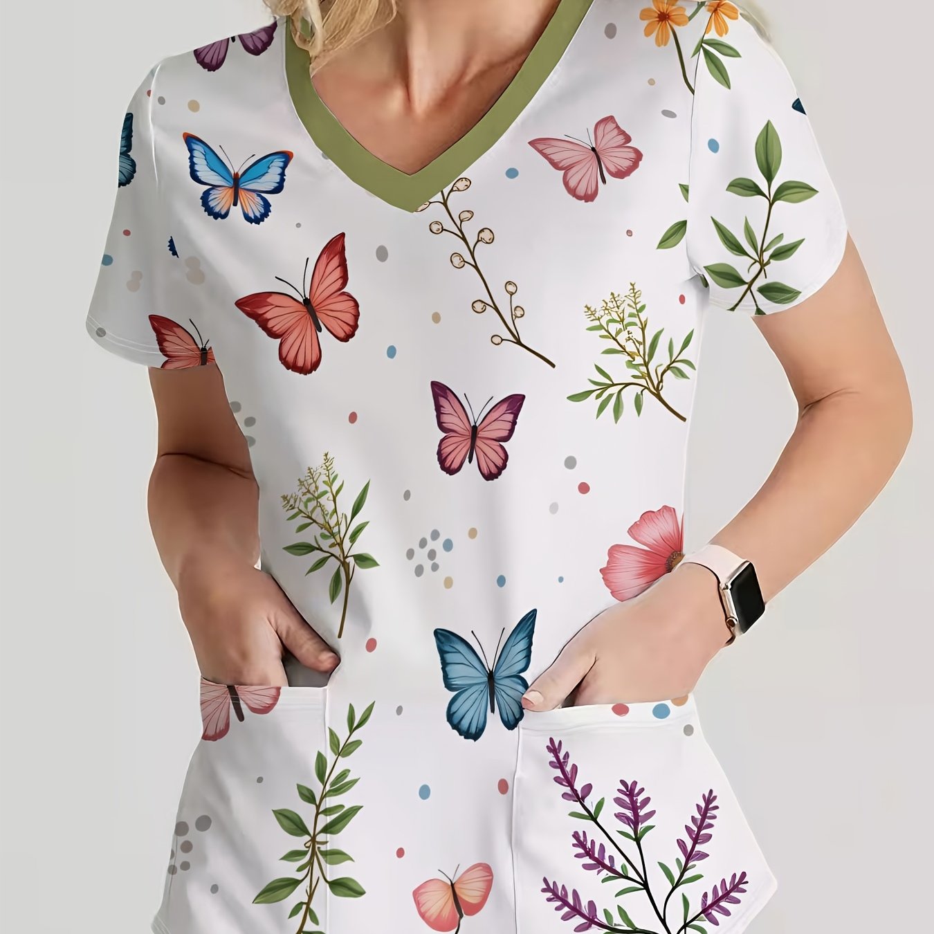 TEMU Women's Short Sleeve V-neck T-shirt, Comfortable Care Top - Cute Print With Colorful Floral Pattern | Machine Washable And Wipeable Soft