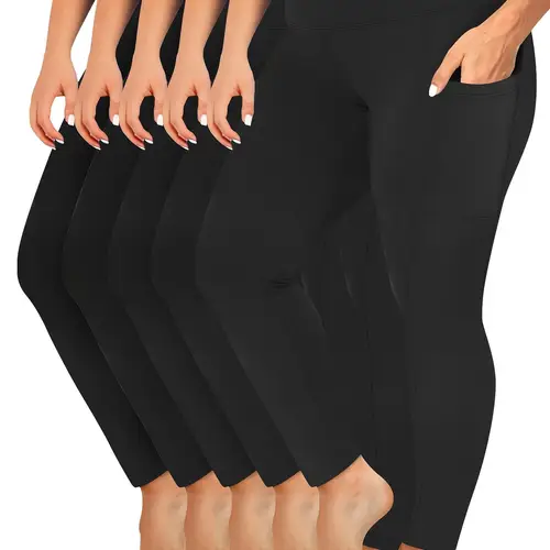 5pcs womens plus size high waist yoga leggings set with side pockets leopard print multi color options length yoga and outdoor activities