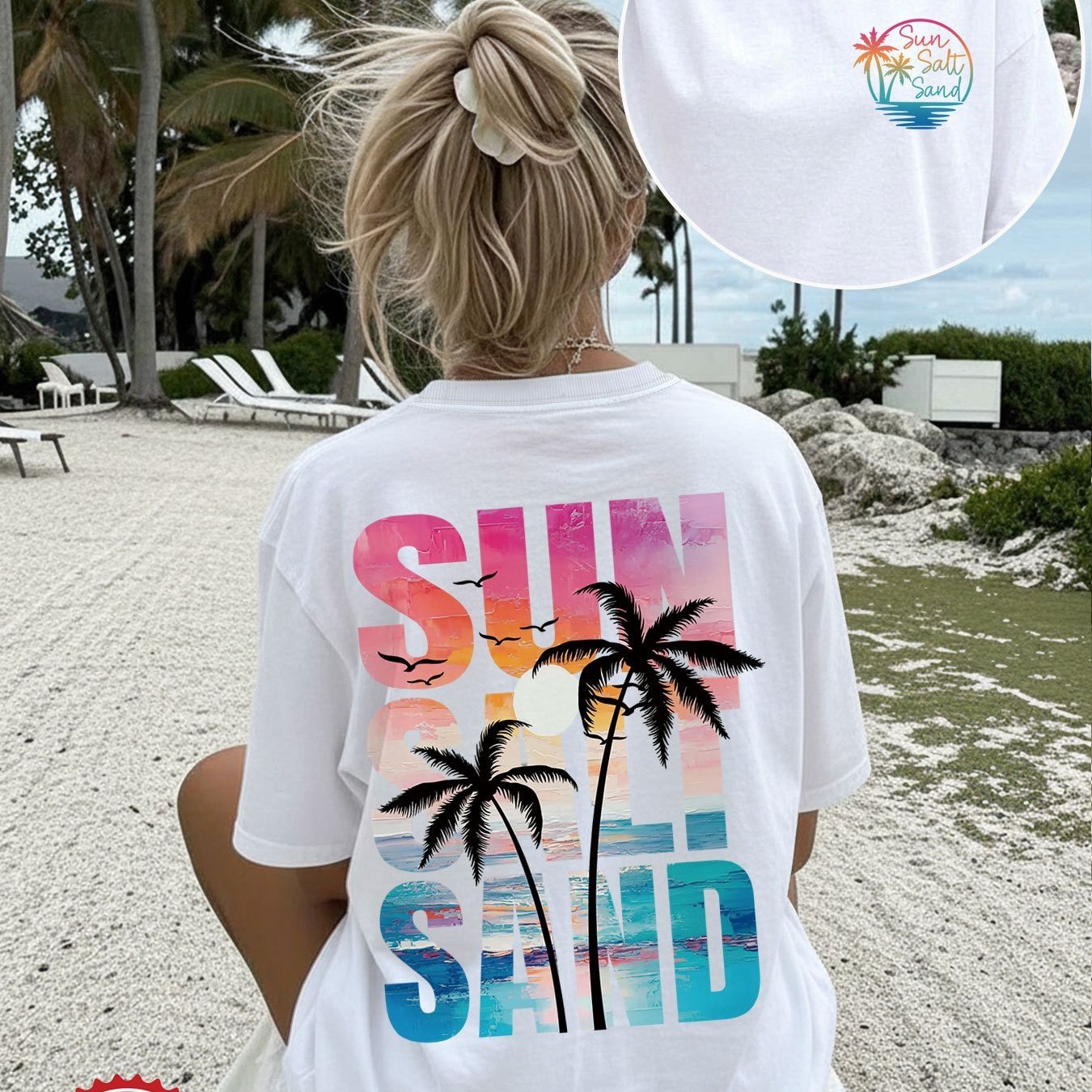 Image of Plus Size, Front And Back Double-sided Print Spring/ Casual Women's Loose , Seaside Style With Coconut Tree, Seagull, And Sun Print, Round Neck Short Sleeve Drop Shoulder Pure Oversized T-shirt, 1