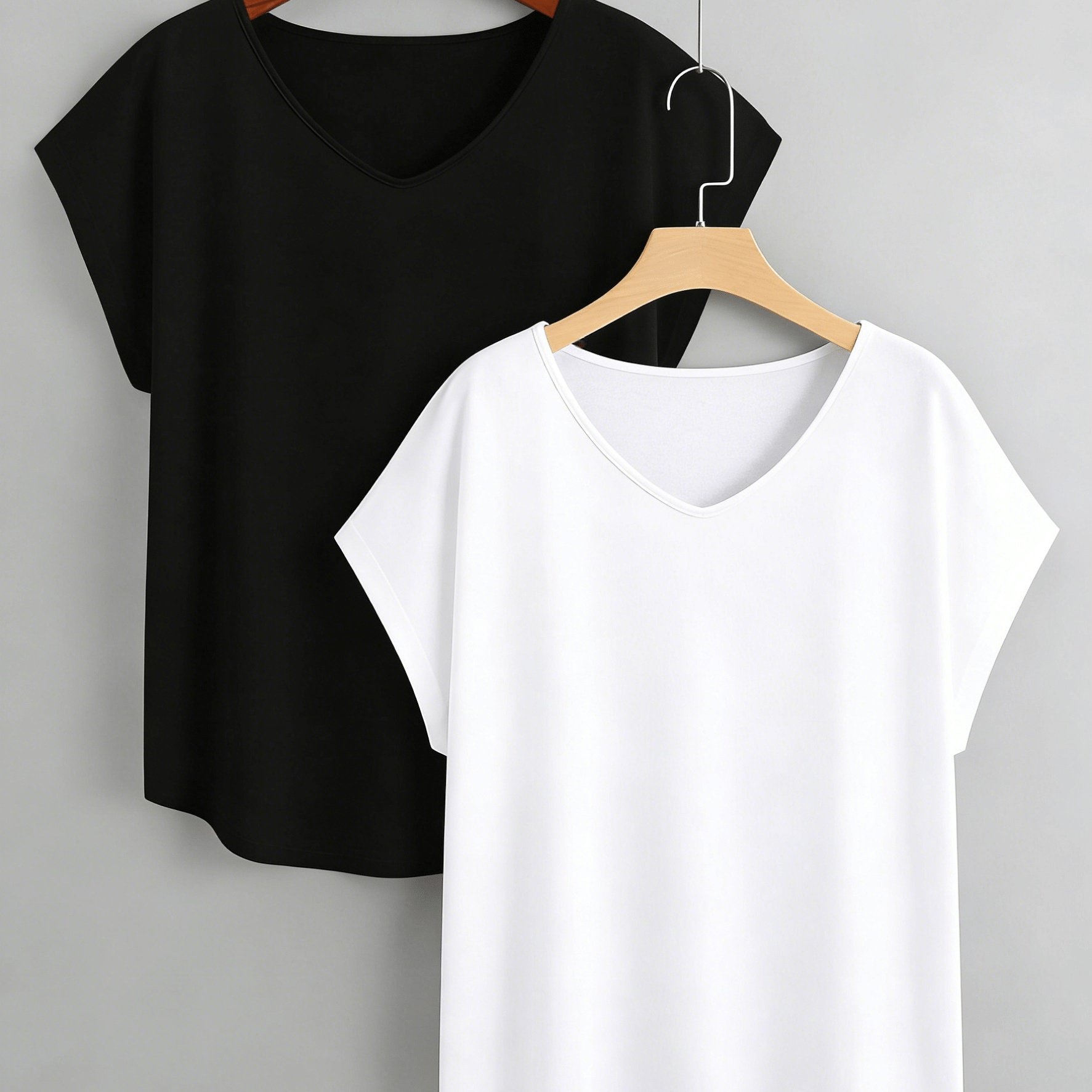 TEMU Conjunto de 2 camisetas de manga corta , ligeras y de talla grande para mujer, de color liso, con cuello en V, casuales de diario, favorecedoras