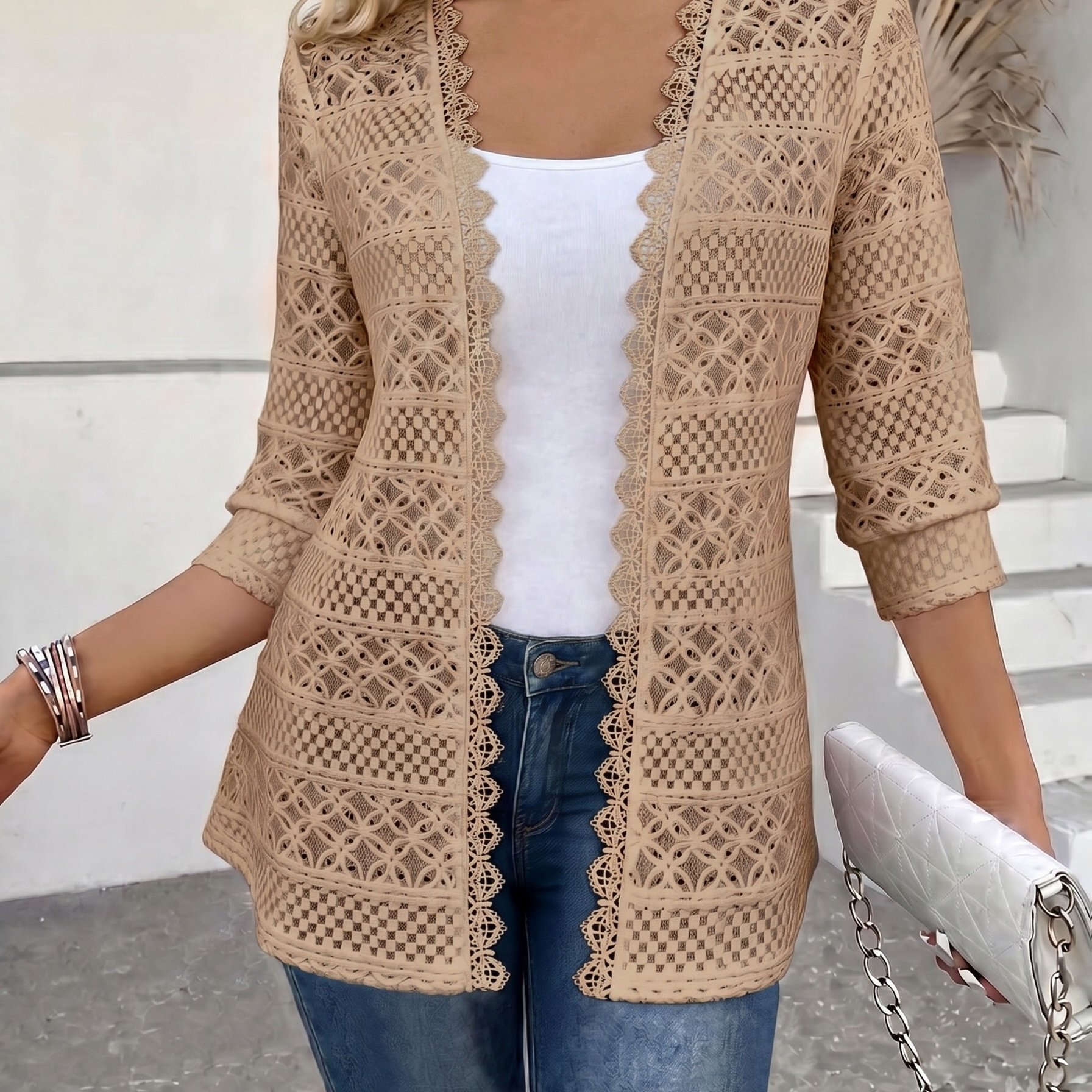 TEMU Women's Elegant And Fashionable Comfortable Breathable Jacquard Lace Embroidered Trim Open-front Mid-sleeve Top, Women's Mid-sleeve Cardigan