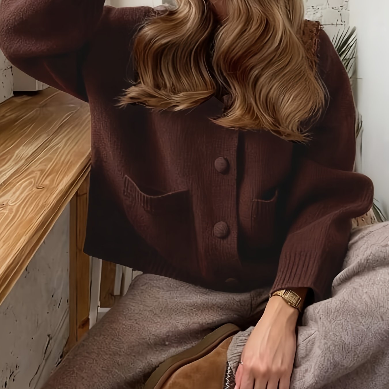 TEMU Damen Strickjacke mit Knopfleiste, einfarbig, langärmlig, Rundhalsausschnitt, lässig, schräge Schultern, Top für Frühling und Herbst