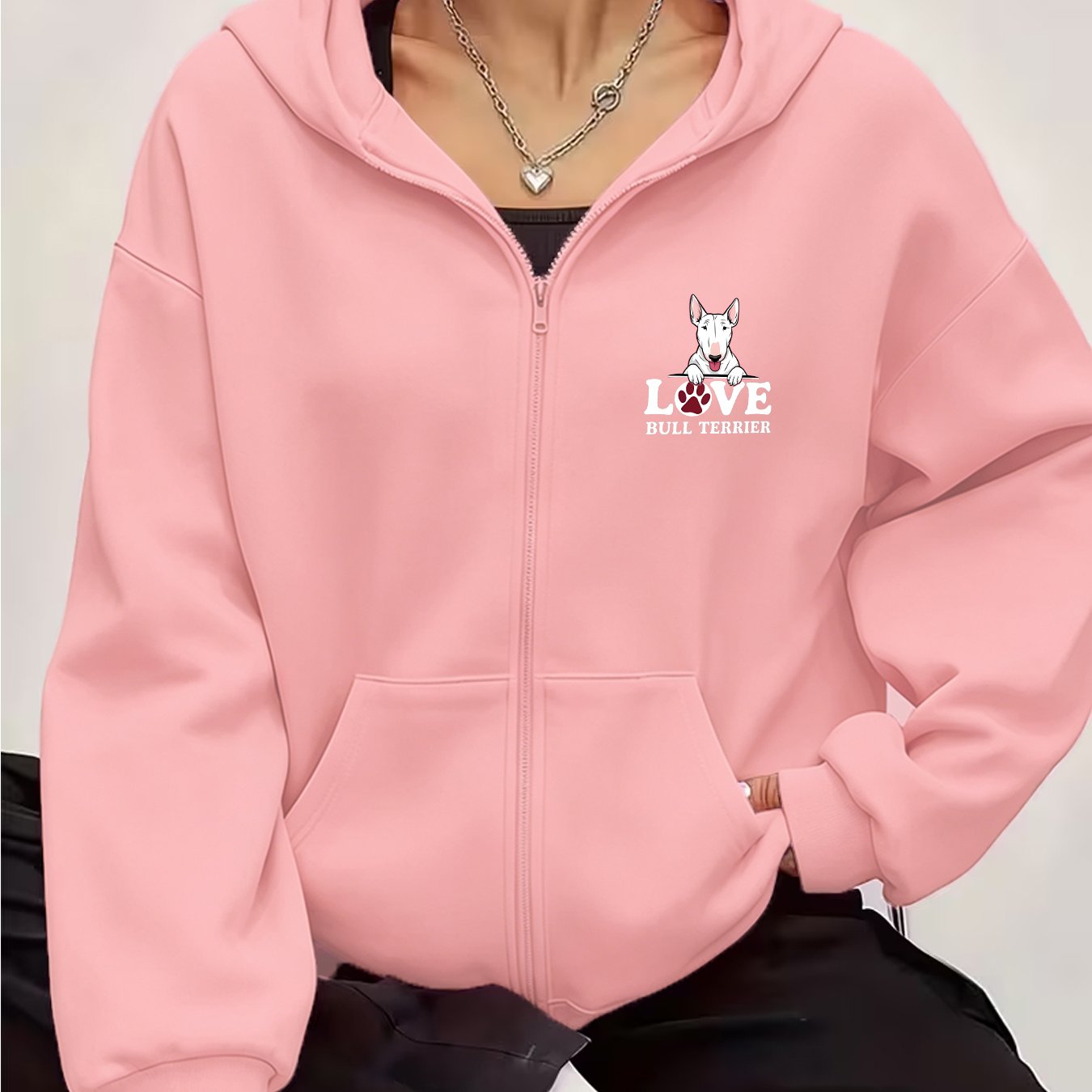 TEMU Bull Terrier "love" Lettering Front Print Fashionable And Trendy Zipper Sweatshirt, Designed For Daily Pet Lovers