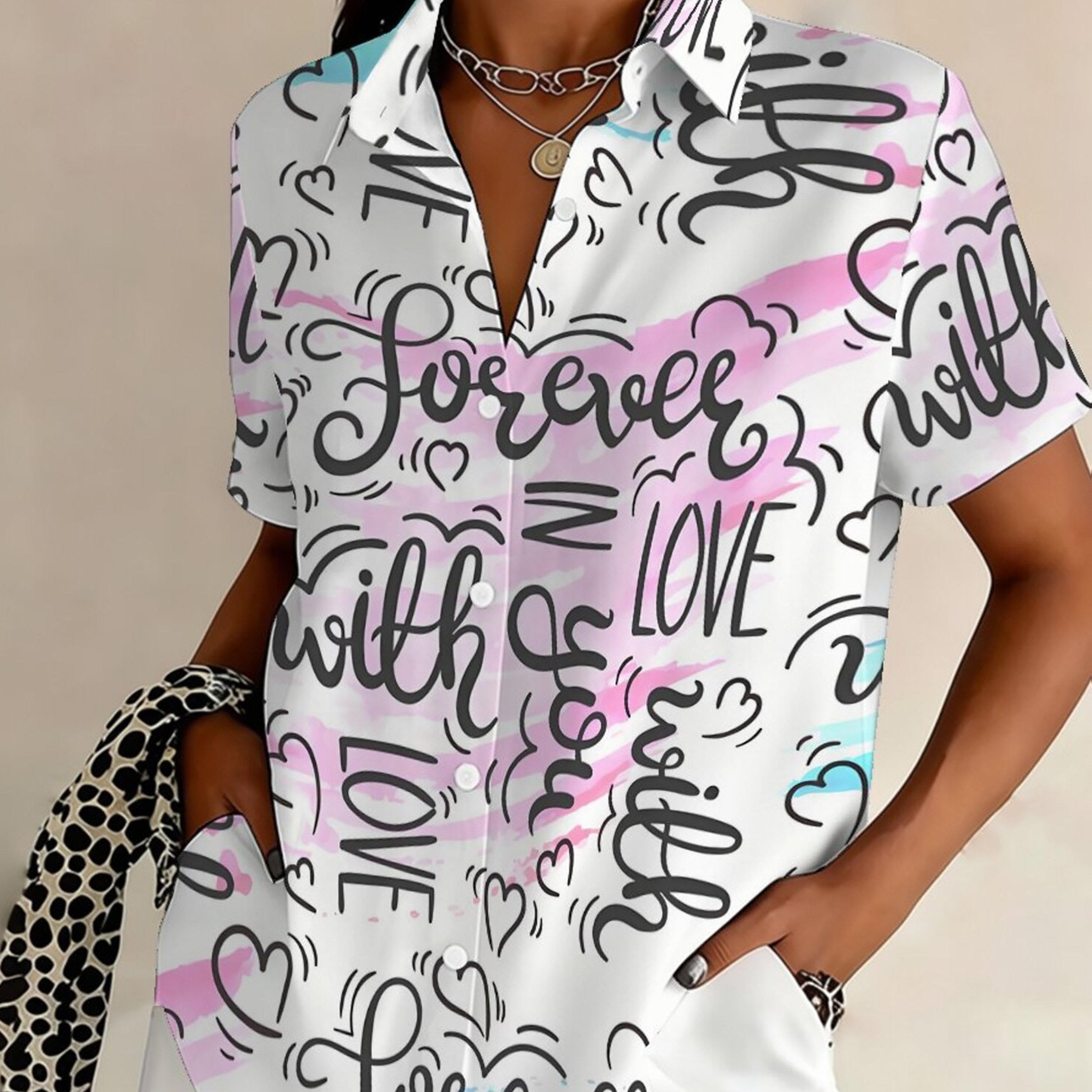TEMU Plus Size, Plus Size Women's Short Sleeve Shirt Casual Personality Short Sleeve English Letter Print Plus Size Button Shirt Fashion Lapel