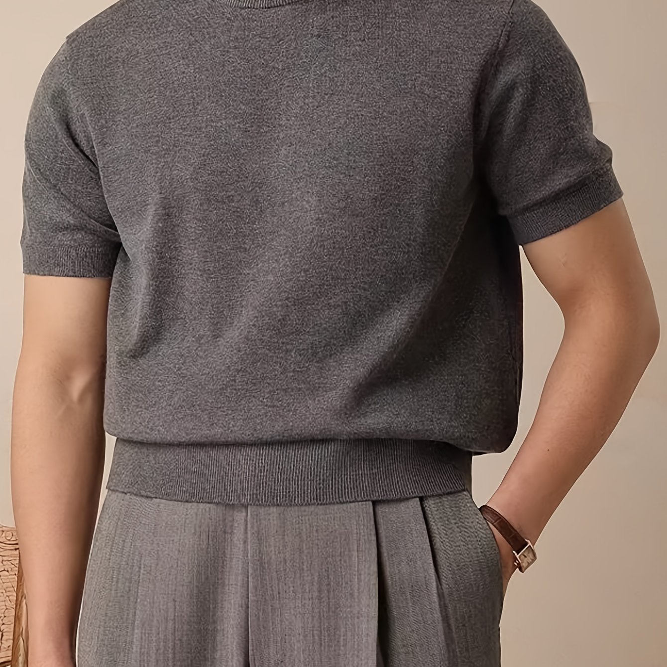 E-shop Frühling/Sommer Neuer Pullover Kurzarm Herren Strickstoff Regular Fit Casual T-Shirt Uni-Farbe Leicht Basis Rundhals Strickpullover