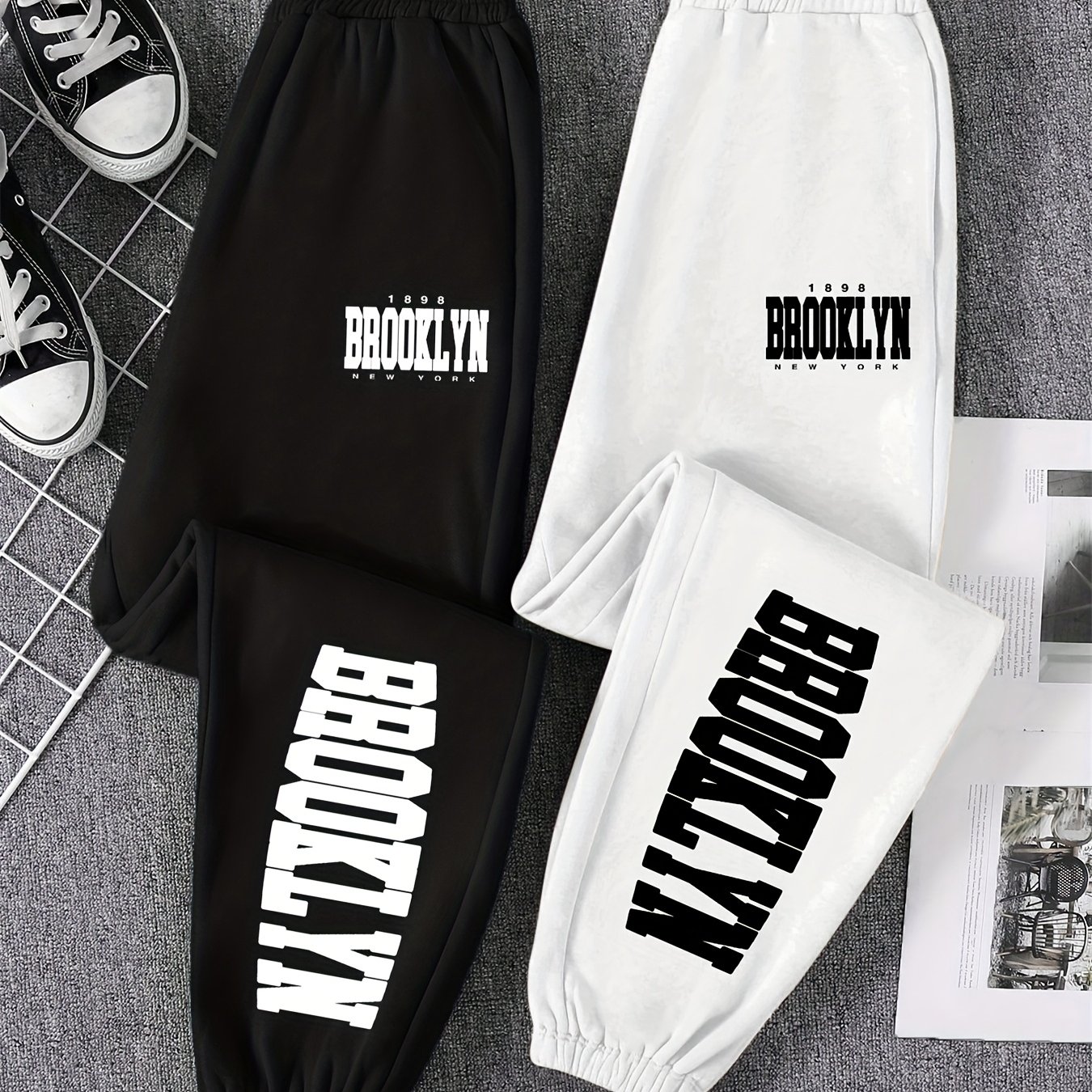 TEMU 2025 Fall/winter Casual Fashion Brooklyn Letter Print, Women's Jogger Pants Trousers 2-pack