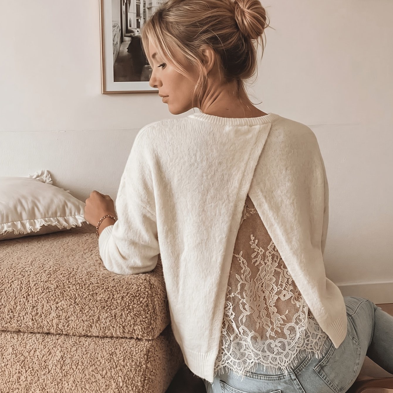 TEMU Haut en dentelle patchwork à fente arrière, 2026, pull à manches longues et col rond pour femmes, sous-vêtement de base