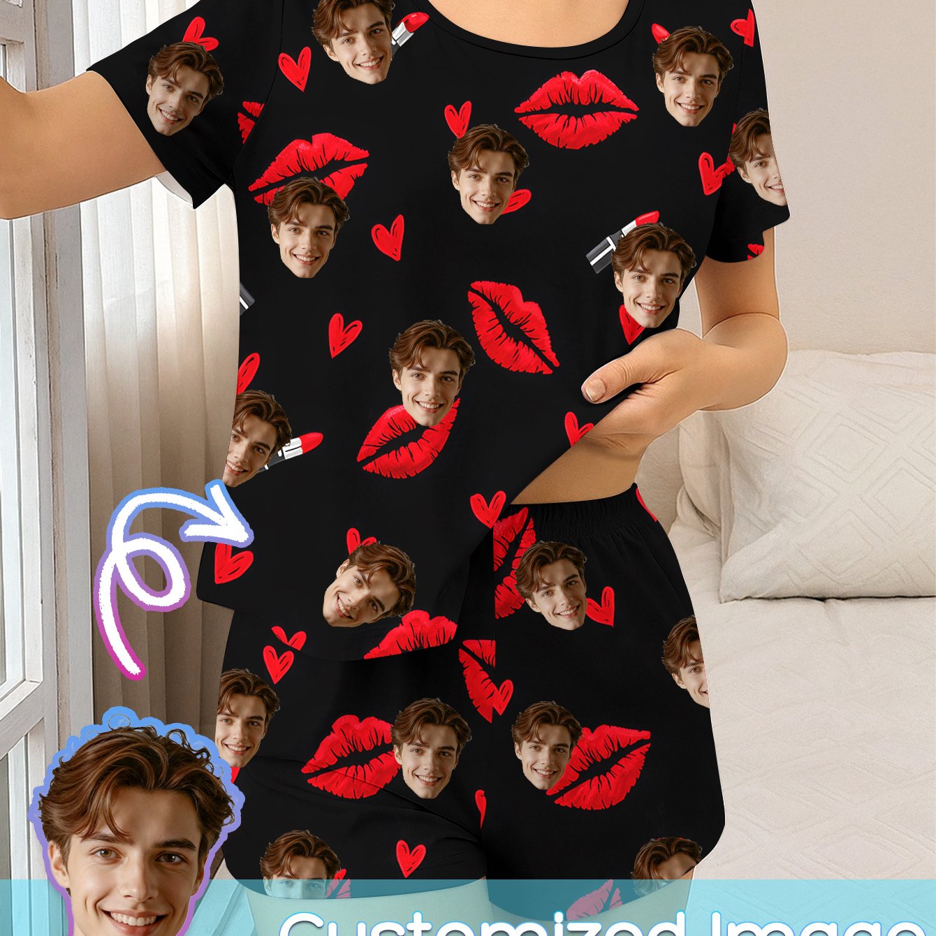 TEMU Custom Face Women's Set (short Sleeve And Shorts) Black Background Dense Portraits Red Heart Red Lips Print Lipstick Pattern Diy Portrait Design