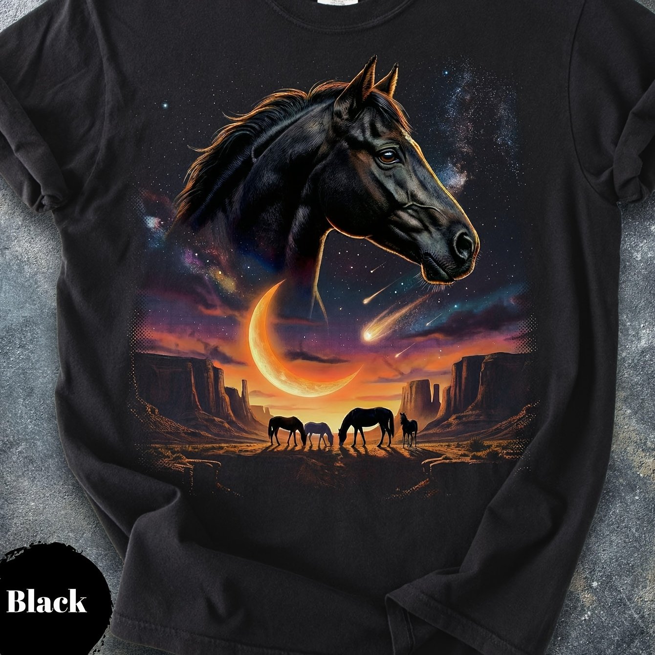 Image of Graphic Tee Wild Horse Shirt Running Print Suitable For Western Fans Ideal Ranch Black Crew Neck 180g Pure T Shirt Sizes S To 3xl