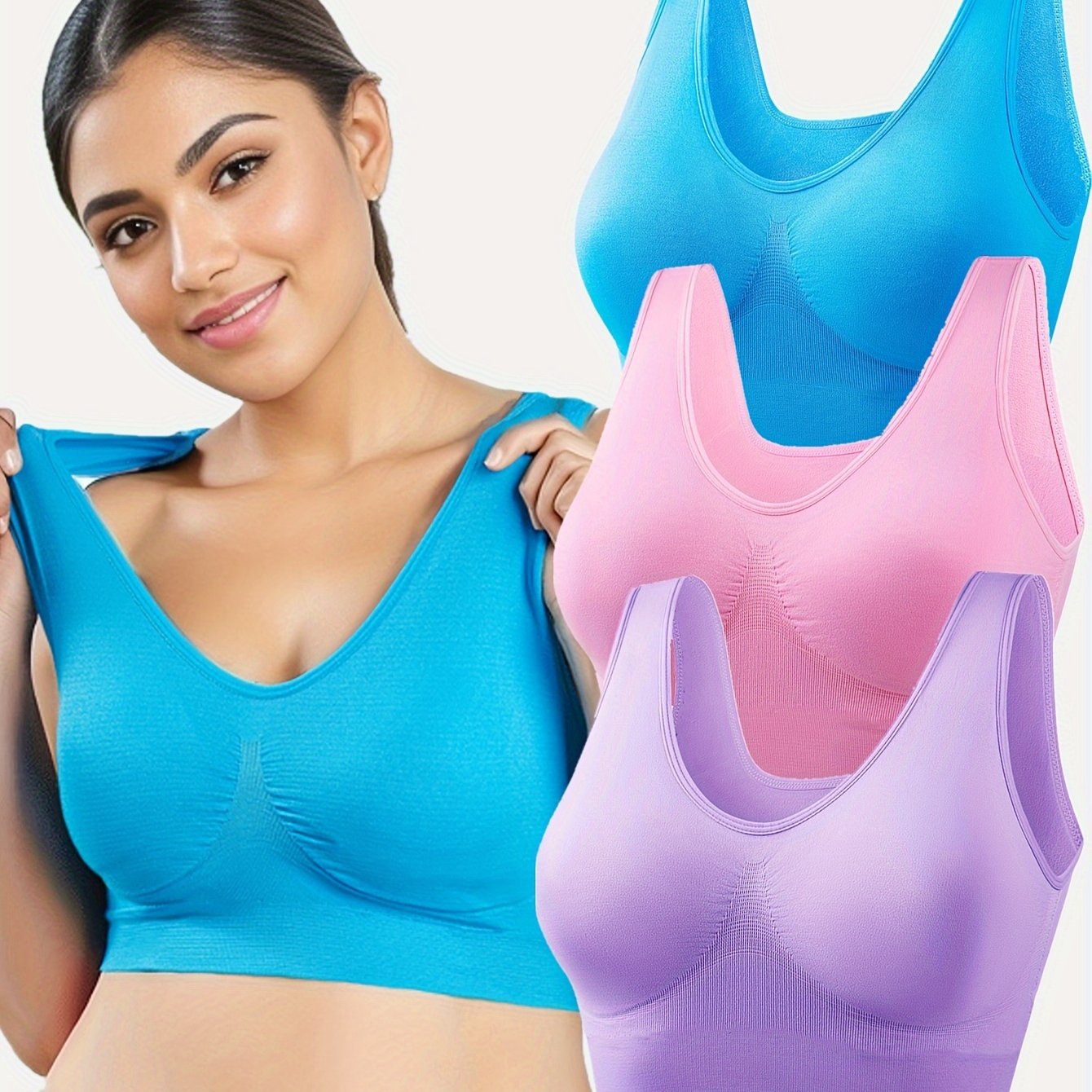 3pcs Wire-free No Padding Plus Size Single-layer Tank Top Women's S Bra For Yoga
