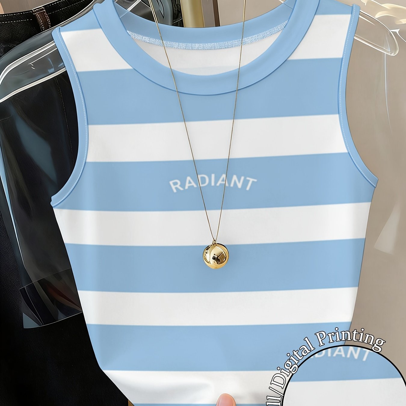 TEMU Stripes Y2k Spicy Neck Printed Tank Top, Slim-fit Sleeveless Top For Women
