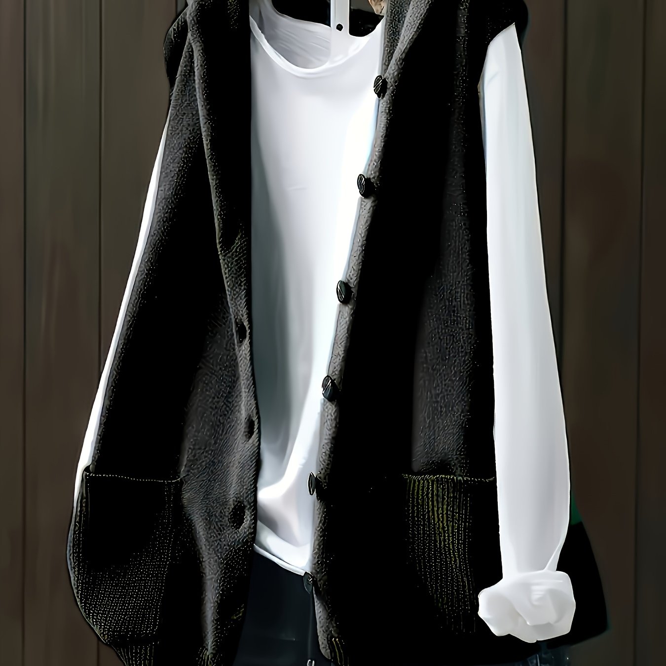 Image of Women's Plus-size Stretch Hooded Cardigan Vest - Elegant Sleeveless Button-front Design, Solid Color Lightweight Layering Piece For Spring & Fall, Casual To Dressy Outfits, Textured Knitwear