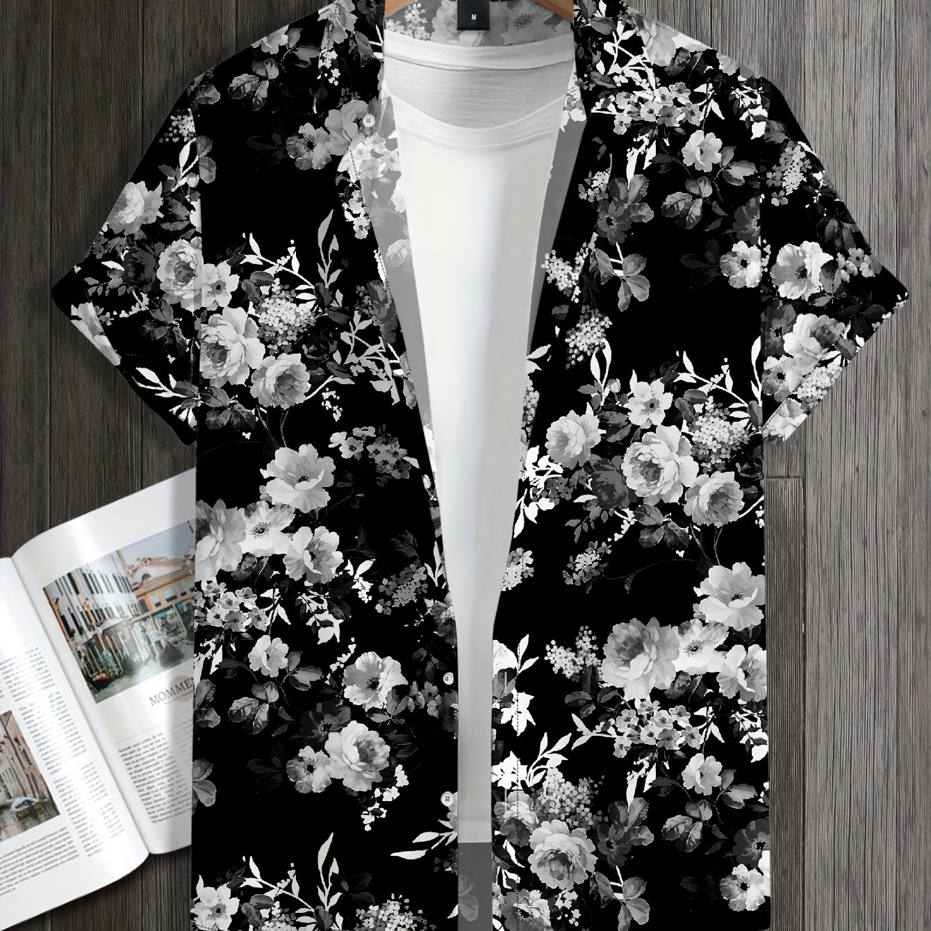 TEMU Camisa de corta con estampado floral para hombre, tejido de poliéster 100% casual, cuello de solapa para todas , ajuste regular, 120gsm - Estilo versátil y juvenil para vacaciones y uso diario