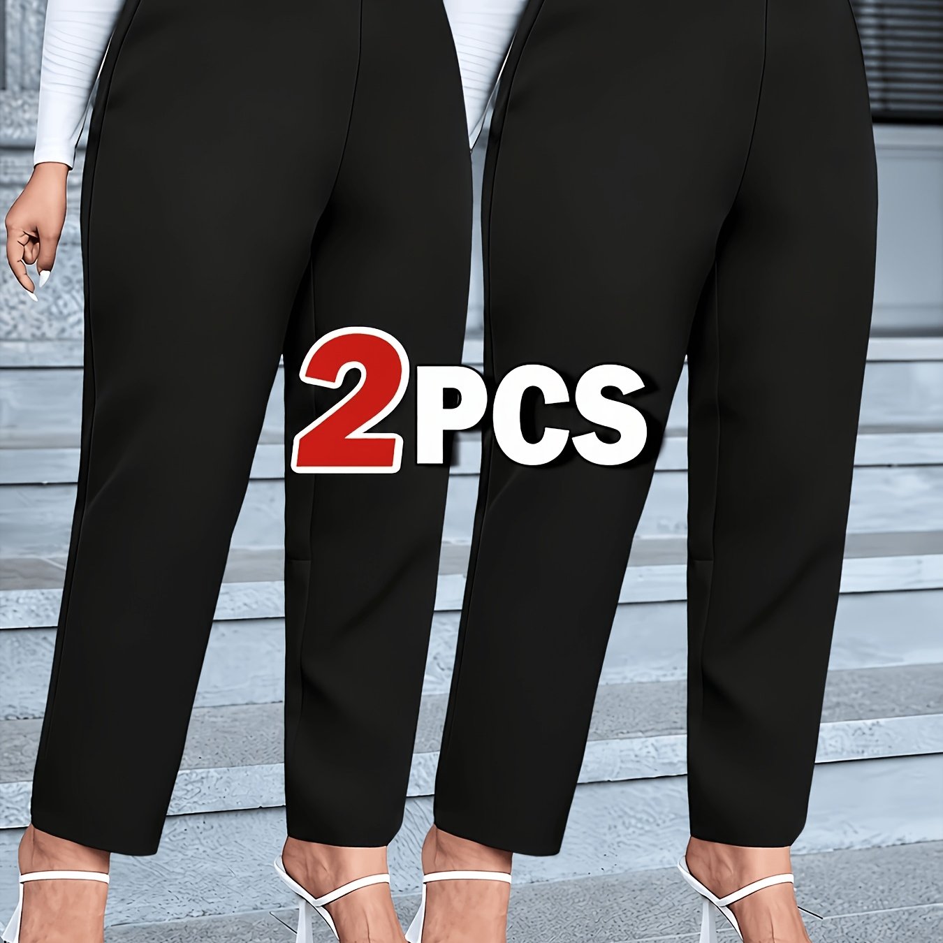 TEMU Plus Size Regular Waist Straight Jeans Women's Stretch Commute Home Outdoor Casual Trousers 2pcs Set