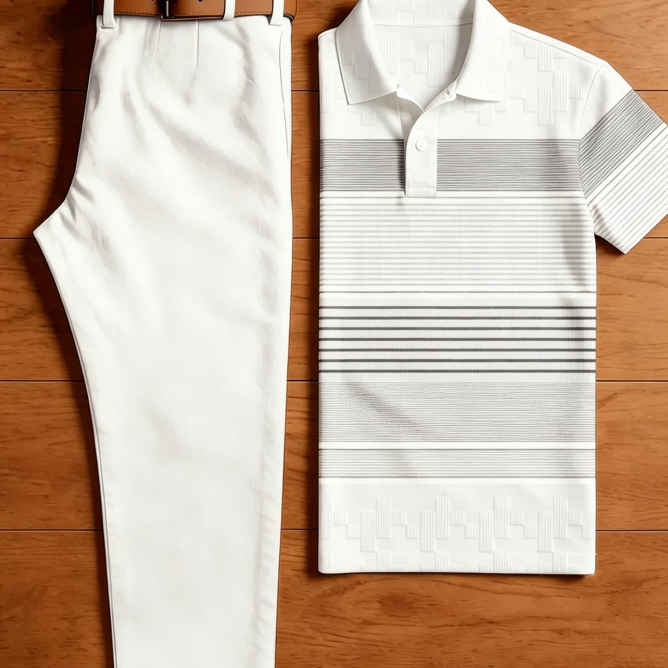 Image of Men's 2pcs Outfit Set, Embossed Geometric Multi-thickness Grey Stripe White And Belted Chino Pants, Wrinkle Resistant Summer Co-ord