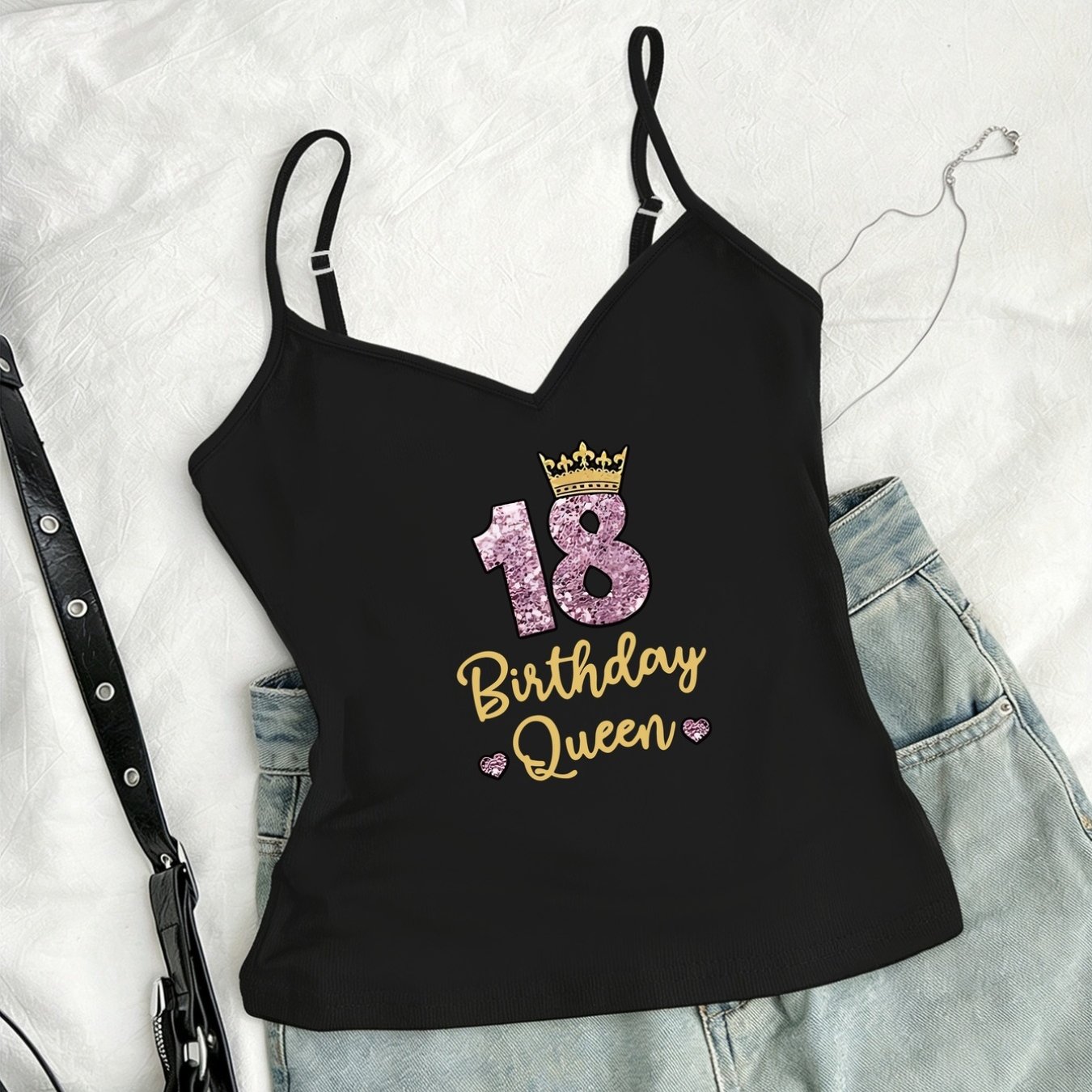 TEMU 18th Birthday Queen Print V-neck Tank Top | Casual Women's Top For Spring And Summer