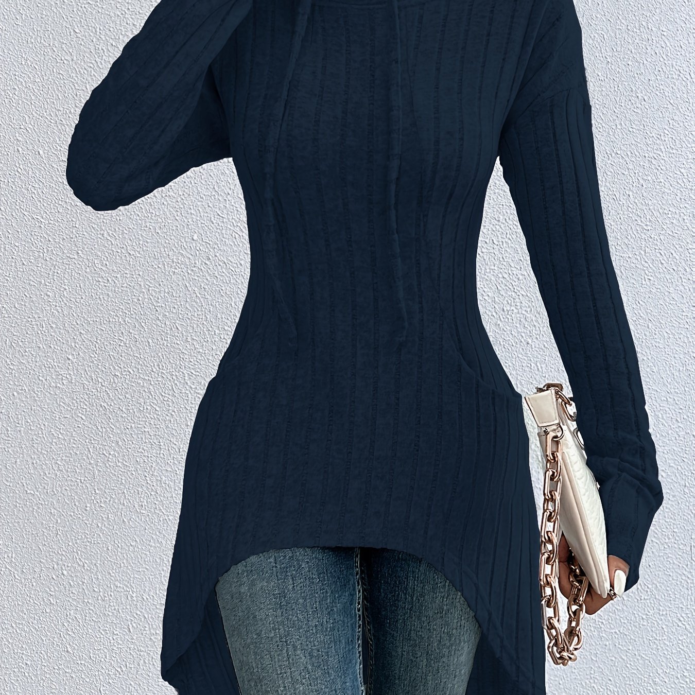 TEMU Women's Long Sleeve Hooded Ribbed Sweatshirt, Solid Color, Regular Length, Knit Fabric, , Polyester, Fall Fashion Pullover