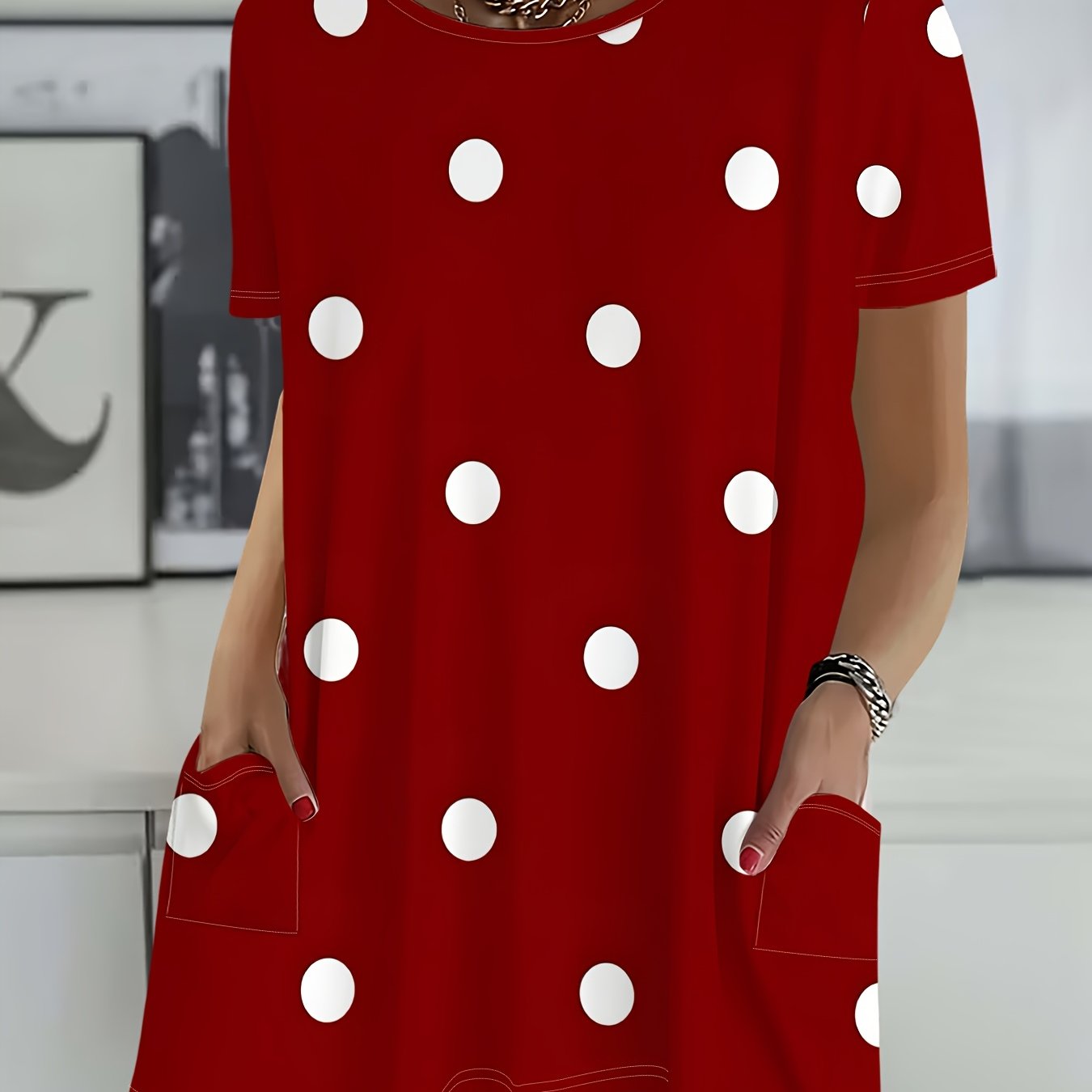 TEMU Red Polka Dot Short-sleeved T-shirt Women's Loose Plus Size Casual Neck Summer New Women's Clothing