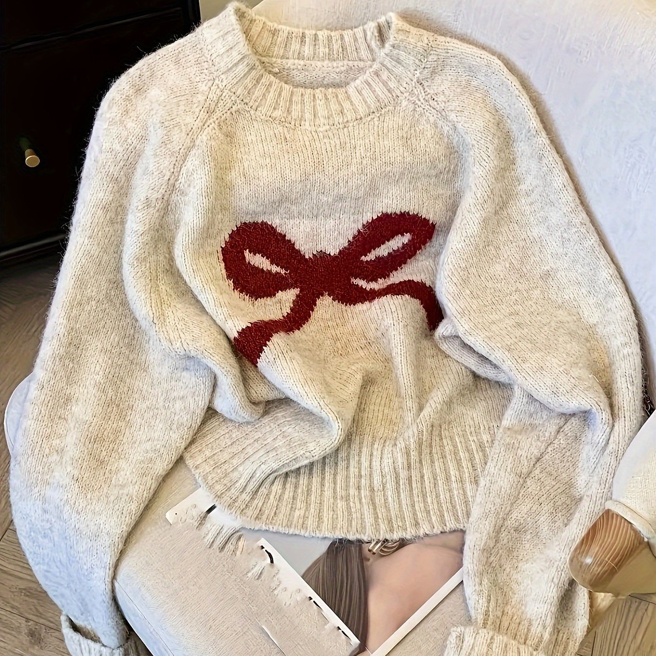 TEMU New Autumn And Winter Bow-patterned Jacquard Simple, Commuter, Casual And Elegant Women's Wear, Round-neck Pullover, Sweater And Top For Women