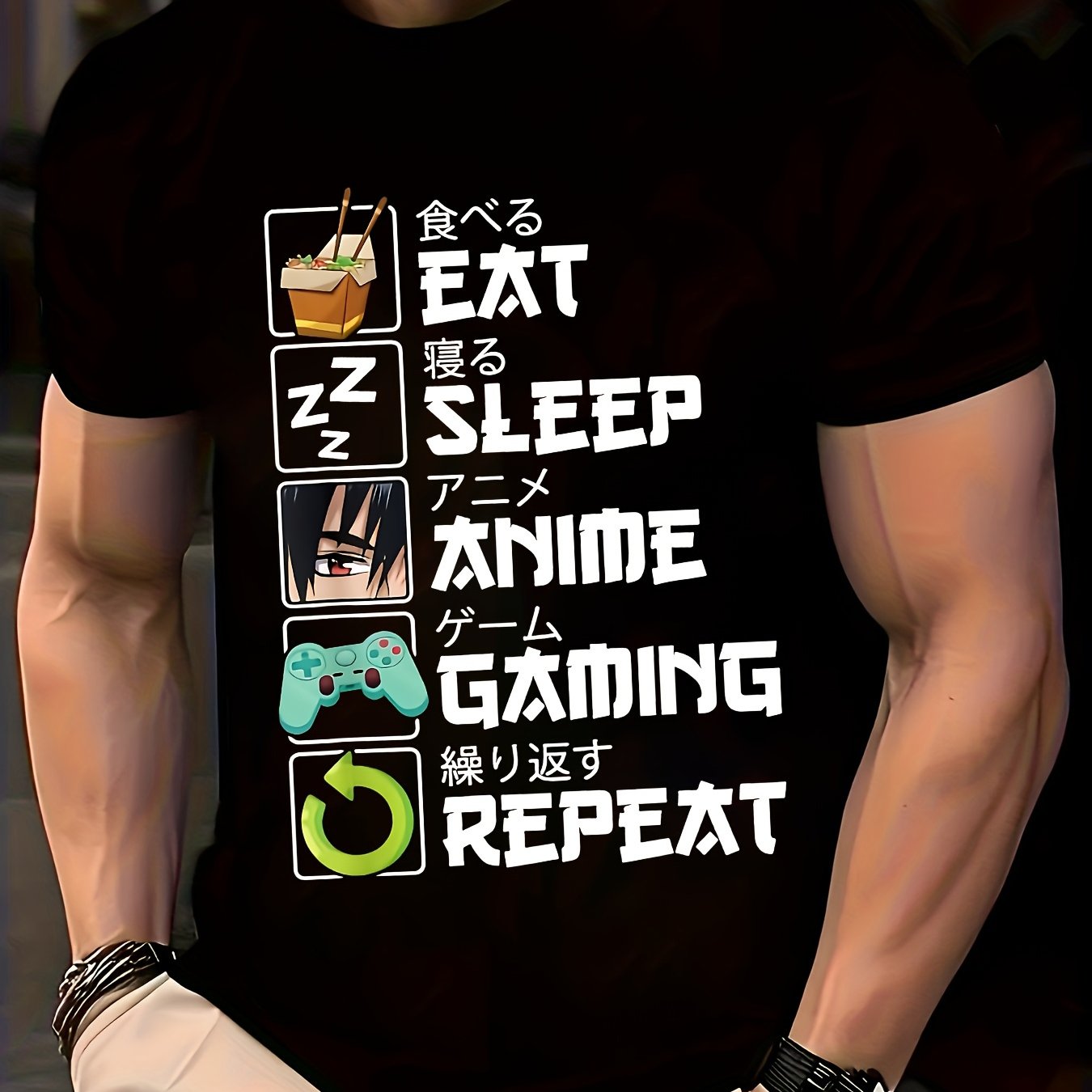 TEMU Men's T-shirt, Men's Summer Casual T-shirt, Unique Comic Style - "eat, Sleep, Anime, Games, Repeat" Graphic, Crew Neck, Short Sleeve, Breathable