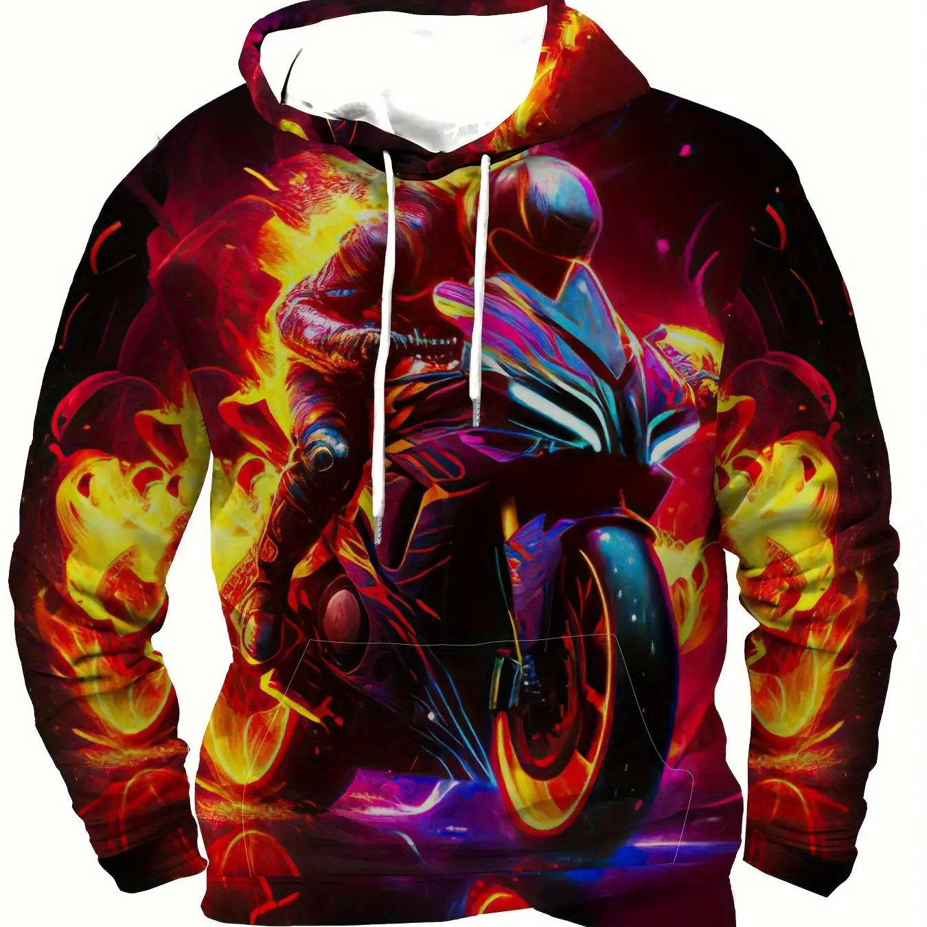 TEMU Men's Motorcycle Hoodie - Flame Pattern Stretchy Fabric Pullover Sweatshirt With Kangaroo Pocket, Machine Washable - Long Sleeve Riding Apparel,