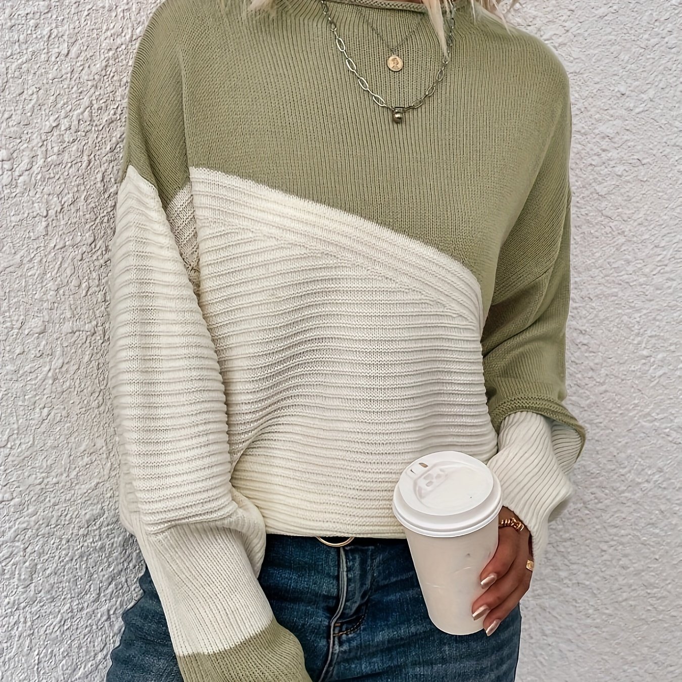 Women's Fashion Sweater, Color-block Turtleneck Casual Pullover