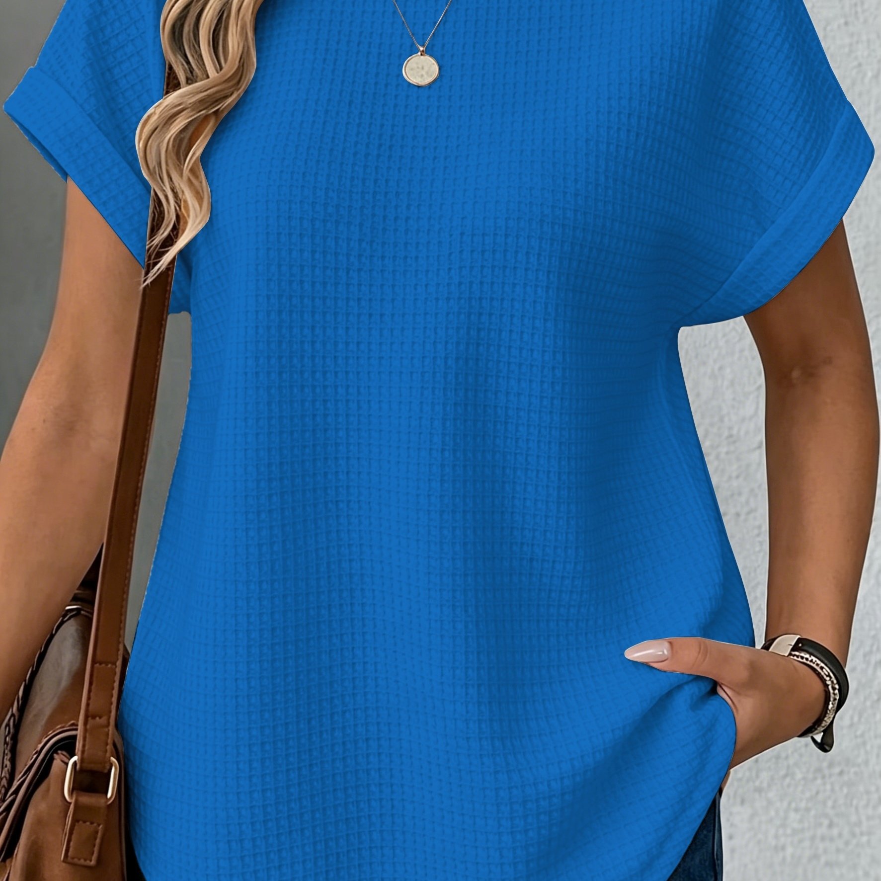 TEMU T-shirt Femme à Carreaux Couleur Unie Mode Décontracté Manches Courtes Col Rond Coupe Standard Sortie Quotidienne Manches Courtes 6041
