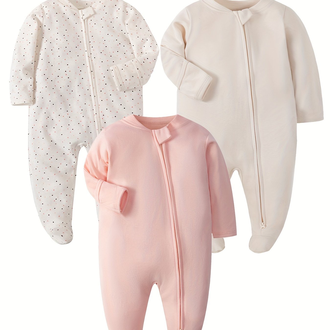 Image of 3pcs Set Girls' Footed Bodysuit With Front Zipper Closure, 0-12 Months For Home And , Newborn Versatile Solid Color Comfortable Onesie, Perfect For Outdoor