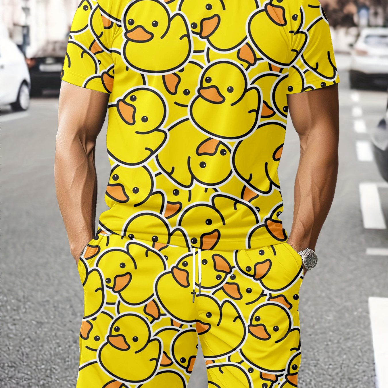 TEMU Men's Cartoon Yellow Duck Print Short Sleeve Short Shorts Home Casual Set