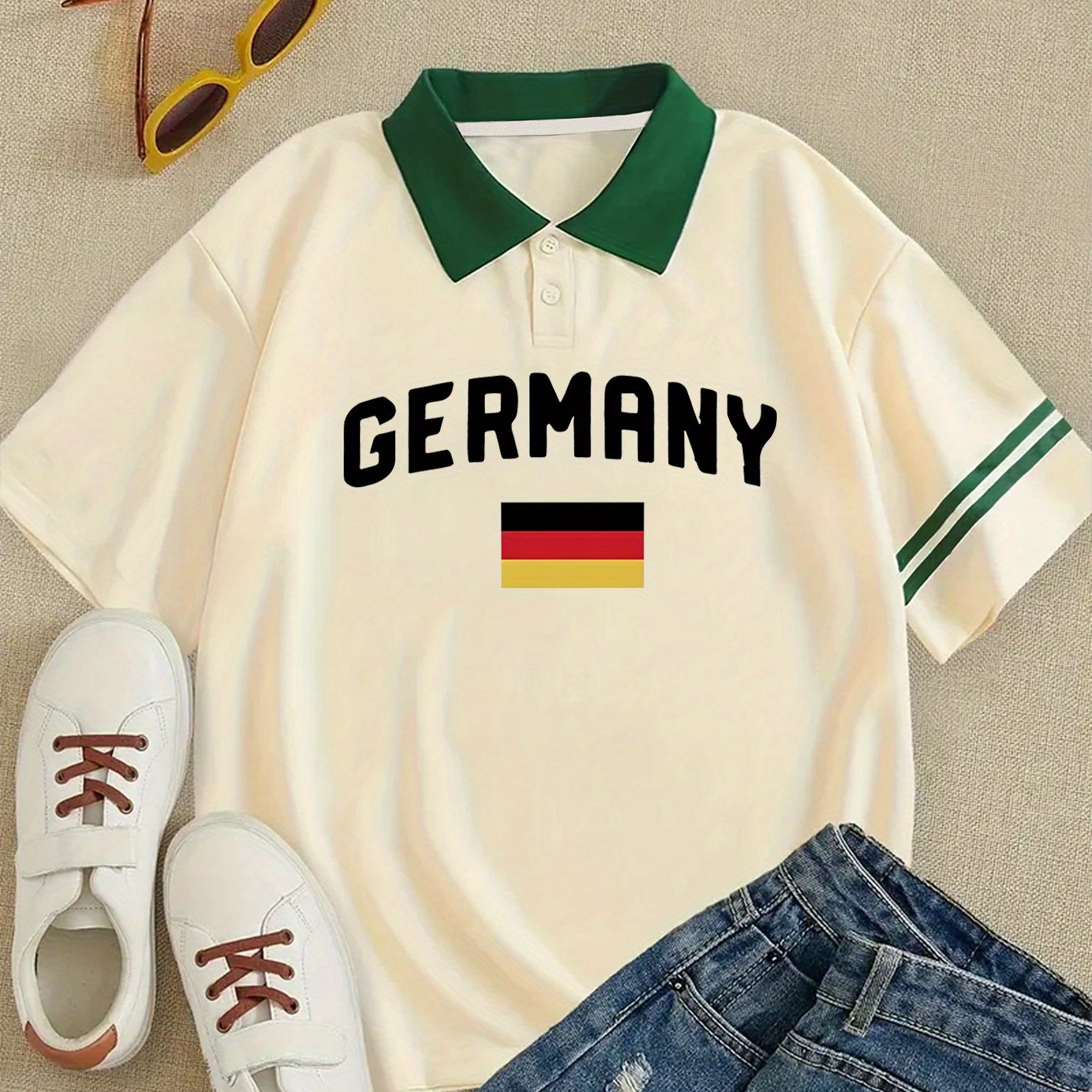 TEMU Women's Germany Flag Graphic Print Shirt - Casual Loose Fit Short Sleeve Activewear Top With Button Detail, Machine Washable , Top, Style,