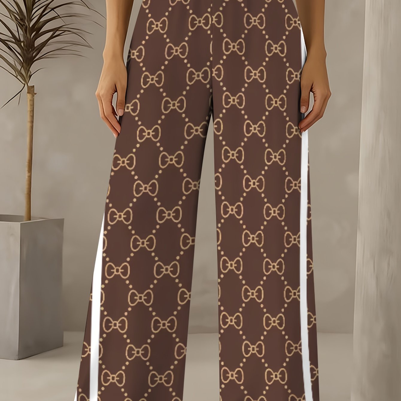 TEMU Women's Elegant And Casual Fashion, Printed Loose Pants With Bubble Texture Fabric, Spring And Summer Clothing, Comfortable For Outdoor Wear And