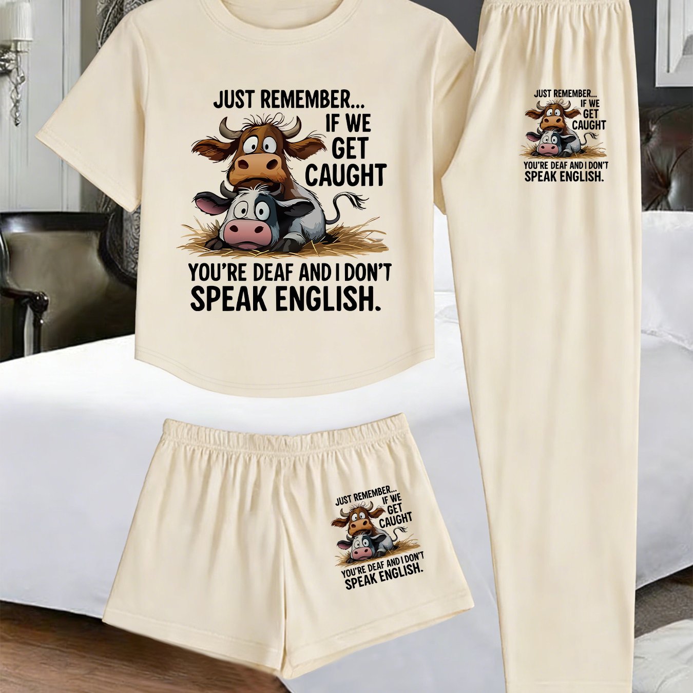 TEMU (1002# 3pcs Set) Women's Homewear 3pcs Set, Fun Cow Print Pajama Set, Short Sleeve, Long Pants, Shorts, Multi-piece Set, Comfortable Loungewear