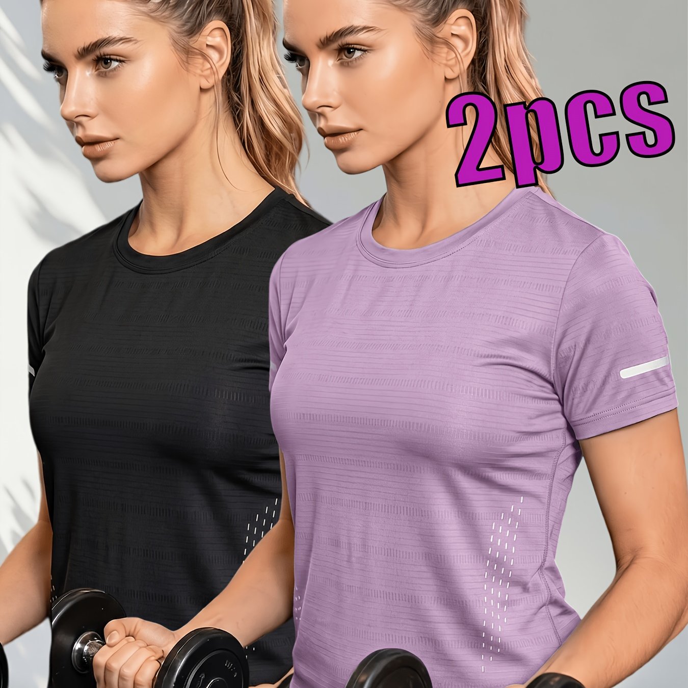 TEMU 2pcs Women's Quick-dry High-elastic T-shirt - Breathable Semi-sheer Short Sleeve Crew Neck Top With -fit & Geometric Print, Suitable For,, Wear,