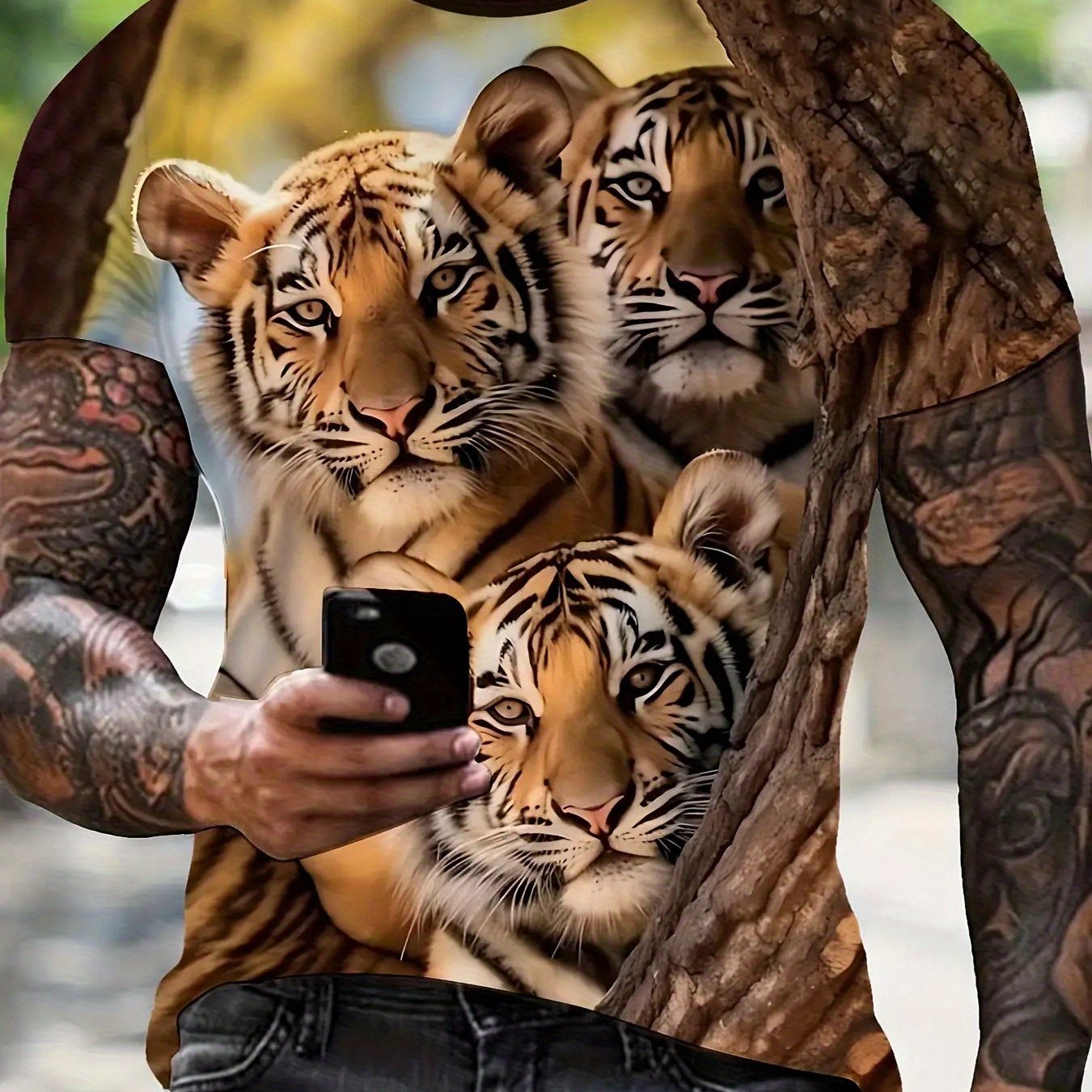 TEMU Men's 3 Tiger Graphic T-shirt - A Comfortable And Elegant Summer Outdoor Wear, Perfect Gift For Men, Plus Size