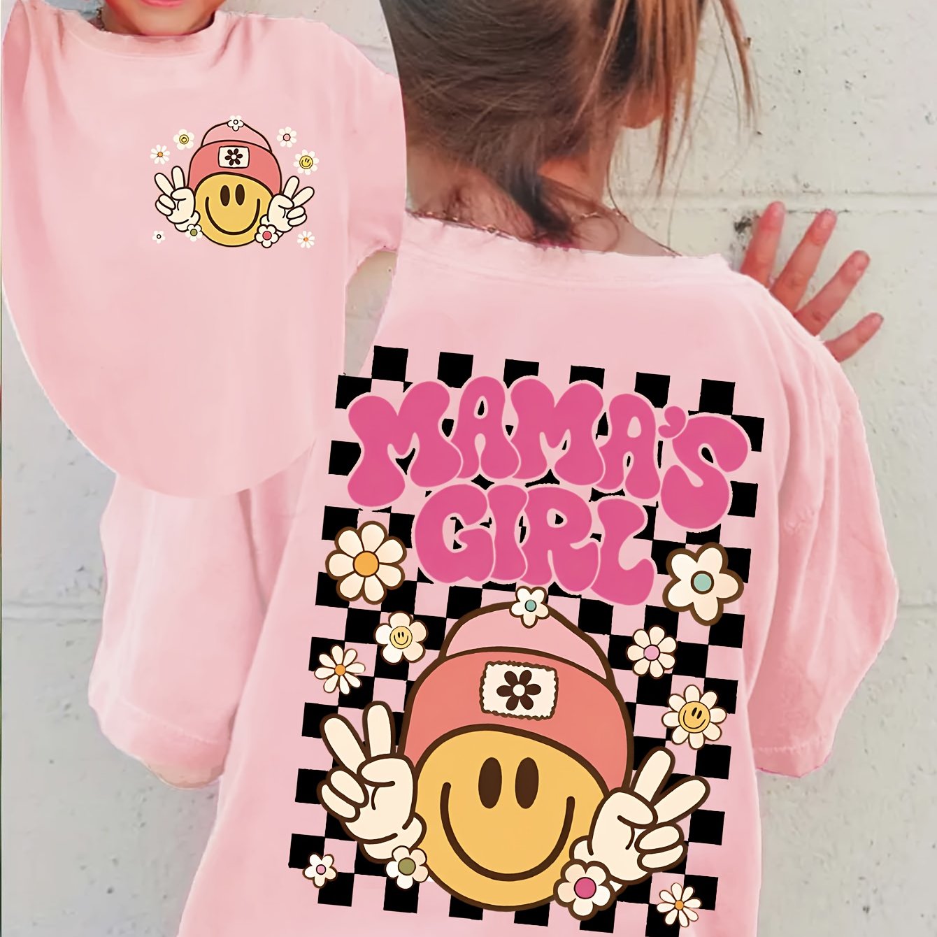 Image of Front And Back Double Print, Girls' Mama's Girl Floral Letter Print Fashion Versatile T-shirt, Suitable For Daily Outdoor Wear