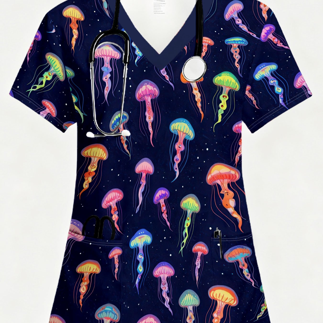 TEMU Plus Size - Plus Size - Print Double-pocket V-neck Women's Uniform Top, Dark Starry Sky Background With Multicolor Jellyfish Pattern, Suitable