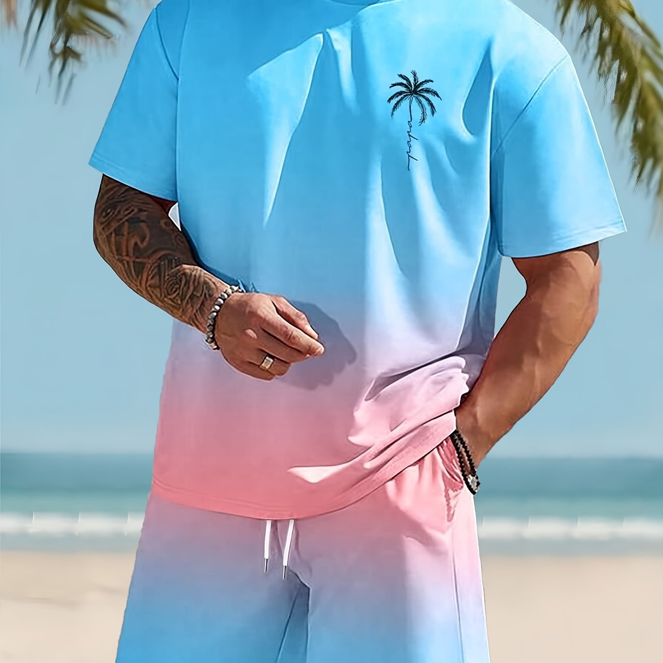 Image of Men's -like Gradient Beach Style Short-sleeve T-shirt And Drawstring Shorts, A Two-piece Casual Sports Outfit For Spring And Summer
