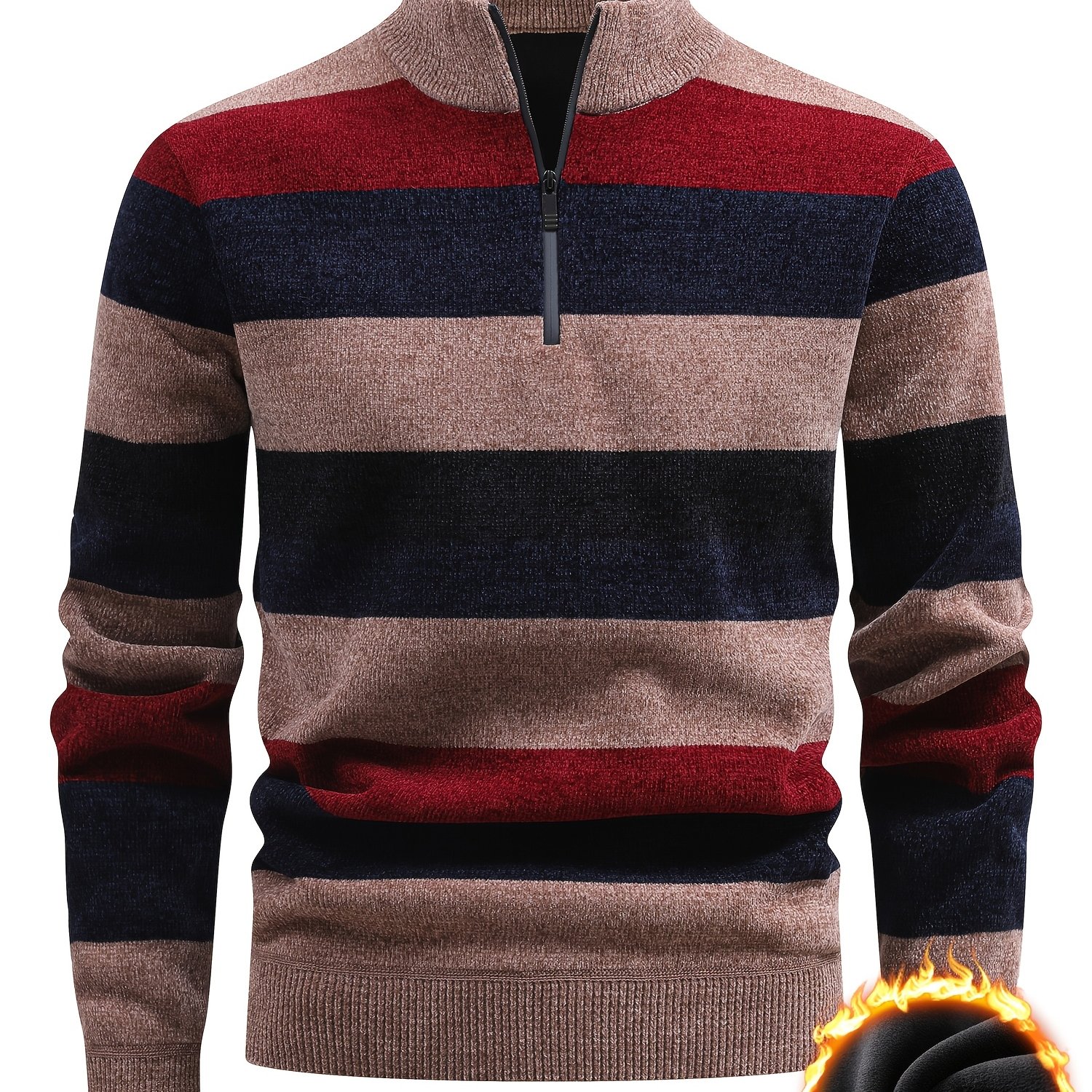 TEMU Men's Autumn Winter Casual Versatile Pullover Sweater Contrast Fashion Fleece-lined Top Quarter Zip Stand Collar Knit Sweater New Warm Sweater