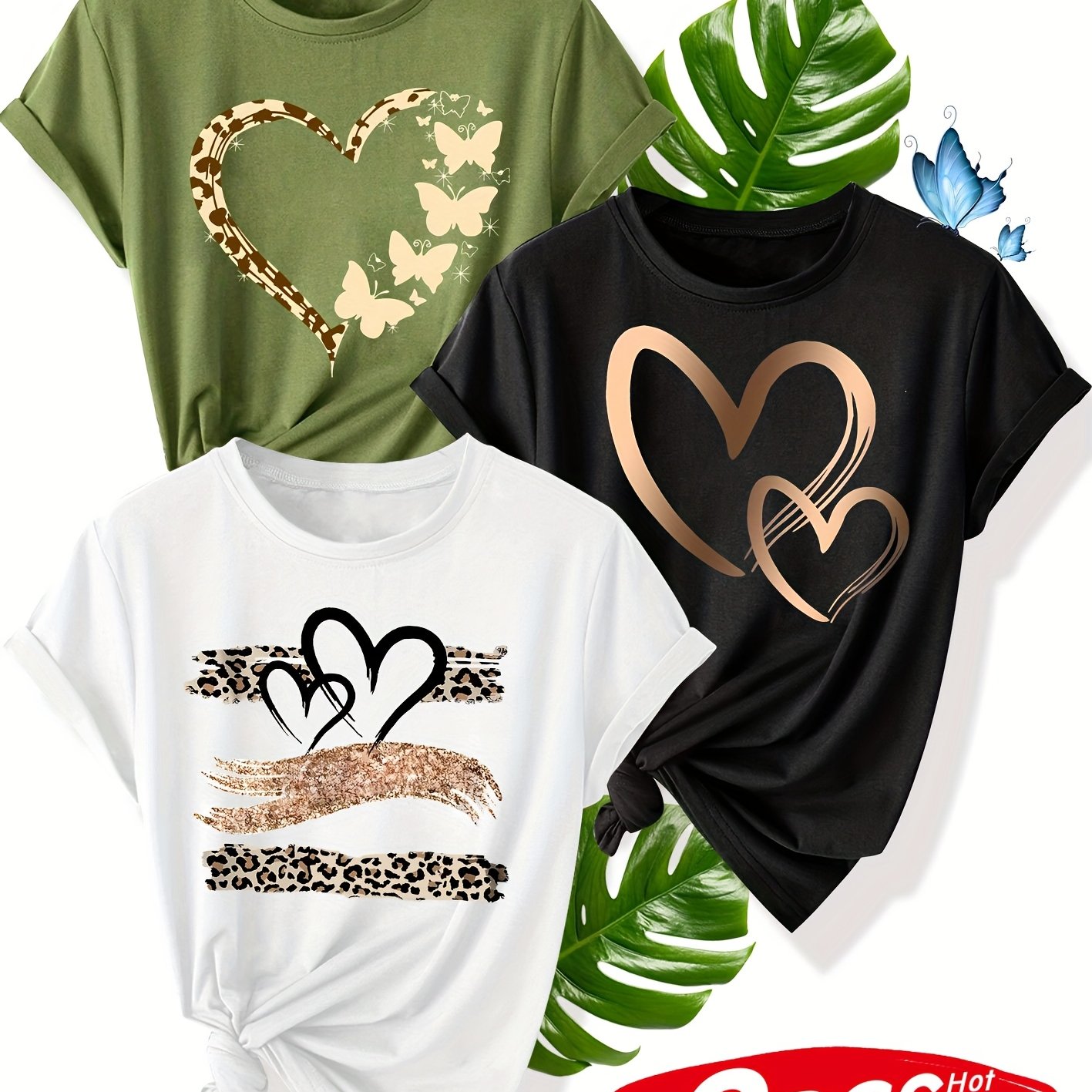 TEMU Heart Series Three-piece Set For Family, , And Sisters, Printed Fashion Vintage Style Women's Summer Casual Sporty Round Neck Short Sleeve