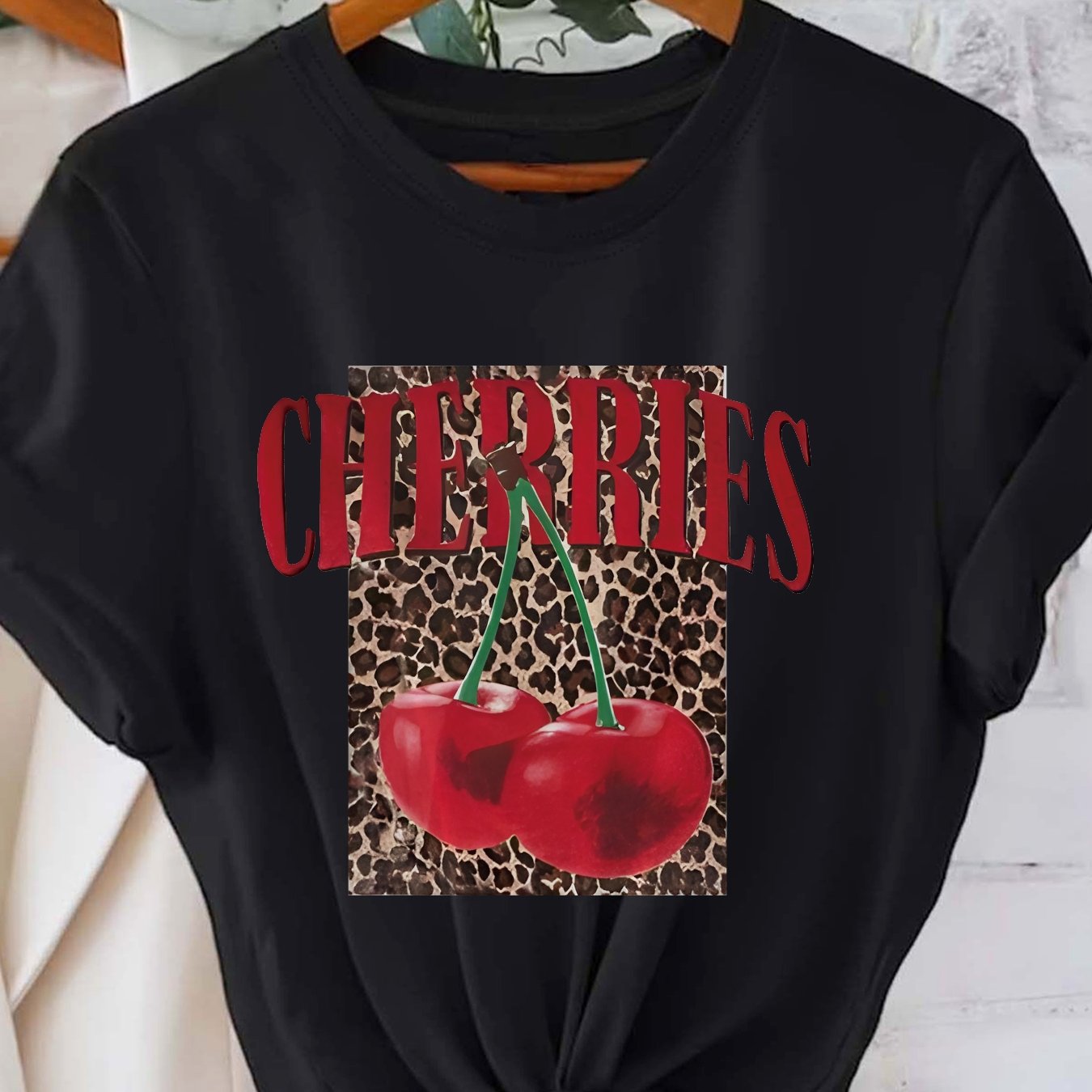 TEMU Women's Casual Short Sleeve T-shirt - Black Cherries Graphic Print With Leopard Spot & Red Cherries, Relaxed Fit Round Neck, Machine Washable ,