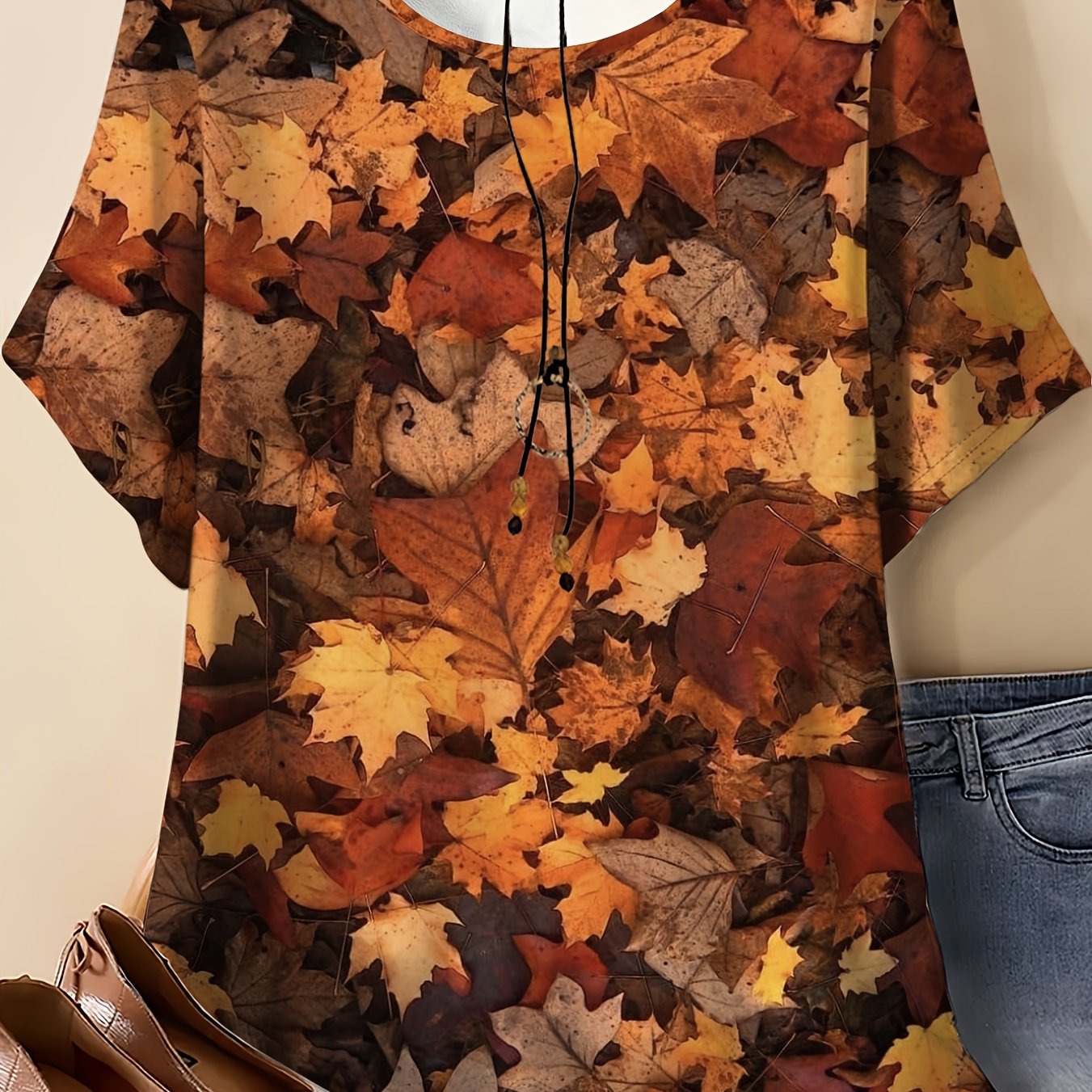 TEMU Summer Plus Size - Women's Round Neck Short Sleeve Top, Autumn Falling Leaves - Maple Leaf Pattern Print, Natural Autumn Atmosphere Style.