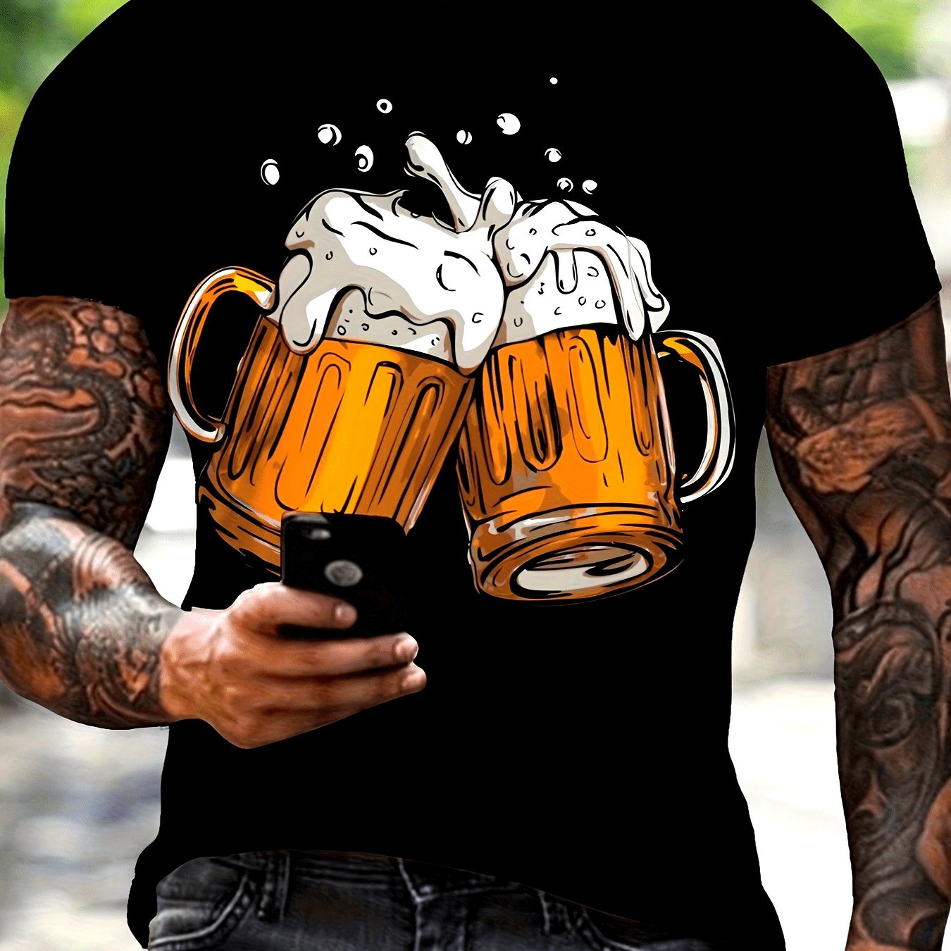 TEMU Summer Men's Beer Cheer Street Fashion Graphic T-shirt, Featuring , Round Neck, Short Sleeves, Breathable, Suitable For Casual Occasions, Plus
