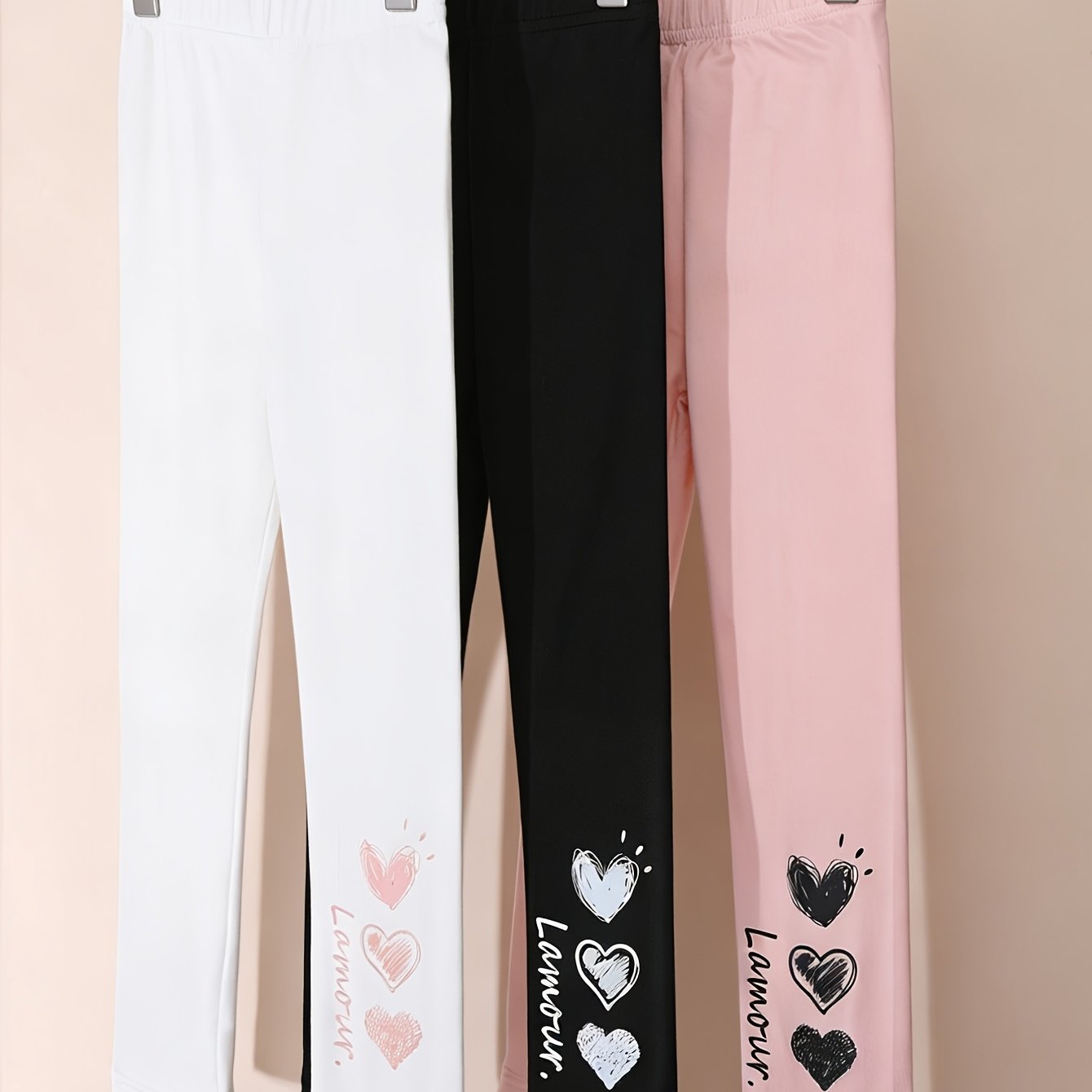 TEMU 3pcs Girls' Printed Capri Pants, Leggings With Heart Print, Suitable For Girls' Fashionable Layering , Summer, And Autumn. Girls' Leggings