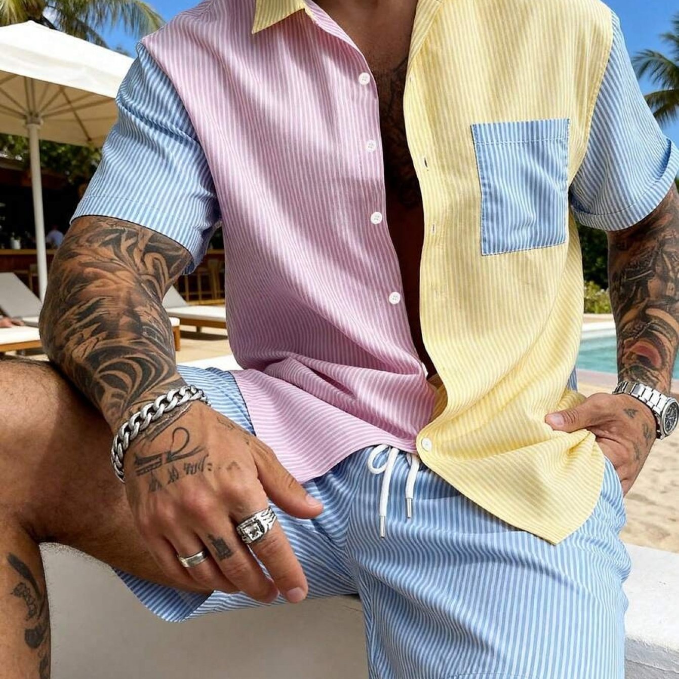 TEMU Men's Casual Striped Contrast Collar Short Sleeve Shirt And Shorts 2pcs Set, Fashionable Easy Versatile Beach Outfit, Vacation Wear