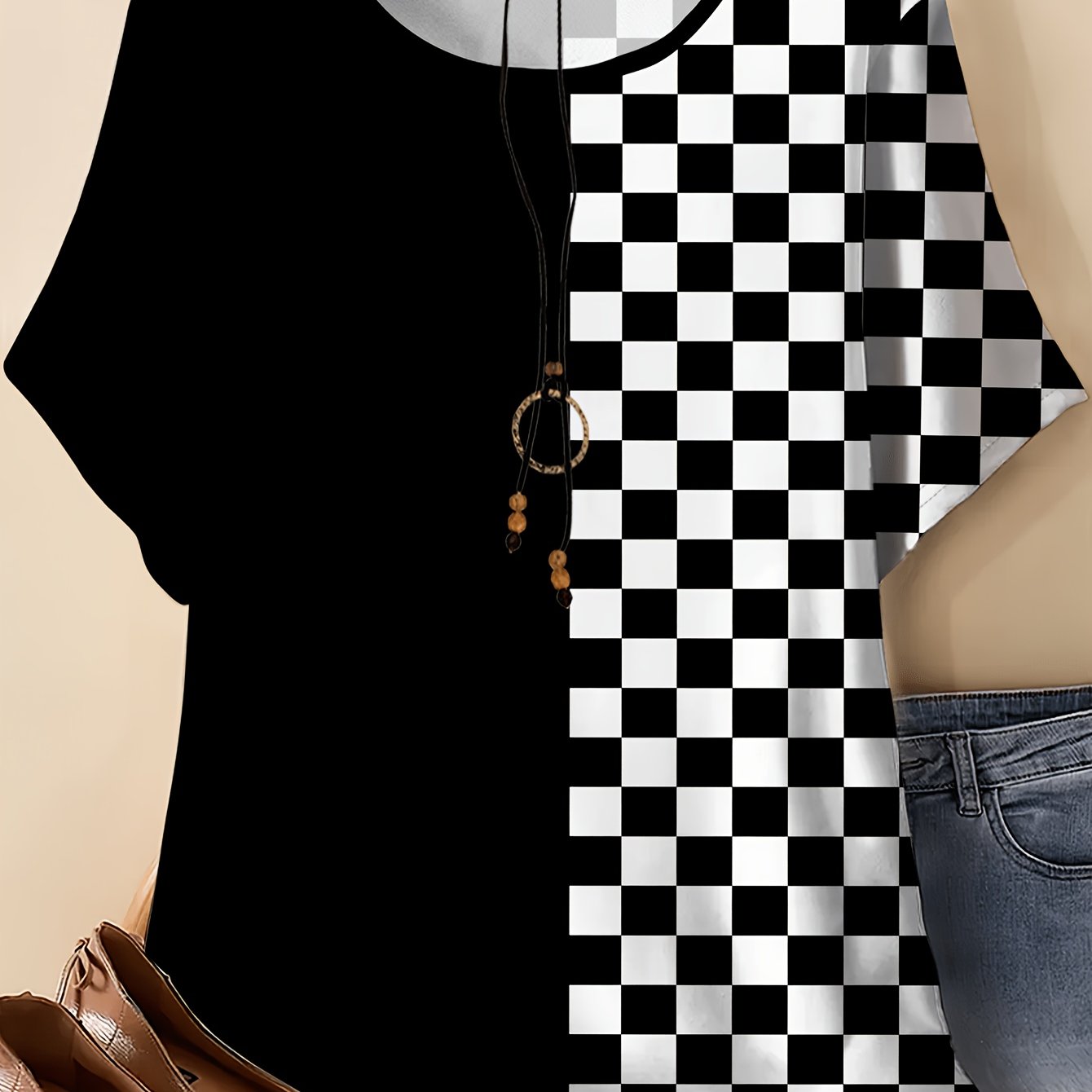 TEMU Plus Size - Plus Size - Plus Size Women's Black And White Checkered Pattern T-shirt Print, Round Neck Short Sleeve Summer Top, Casual Outdoor