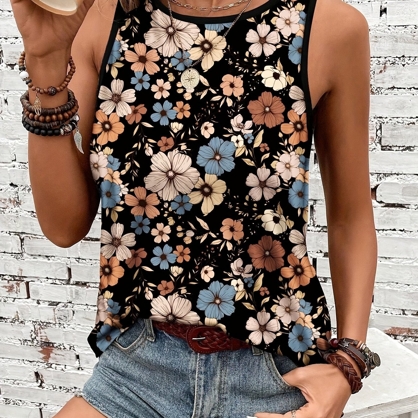 TEMU Colorful Printed Round-neck Vest, Casual Short-sleeved Top For Spring And Summer