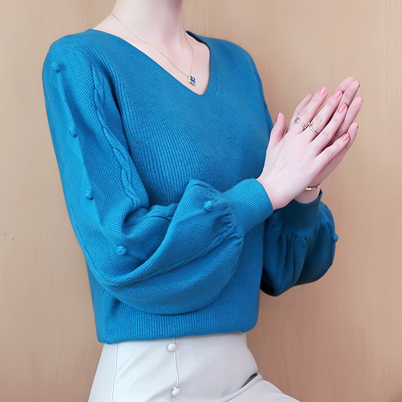 TEMU 1pc V-neck Sweater For Women - Pullover With Bow , Long Sleeve For Fall/