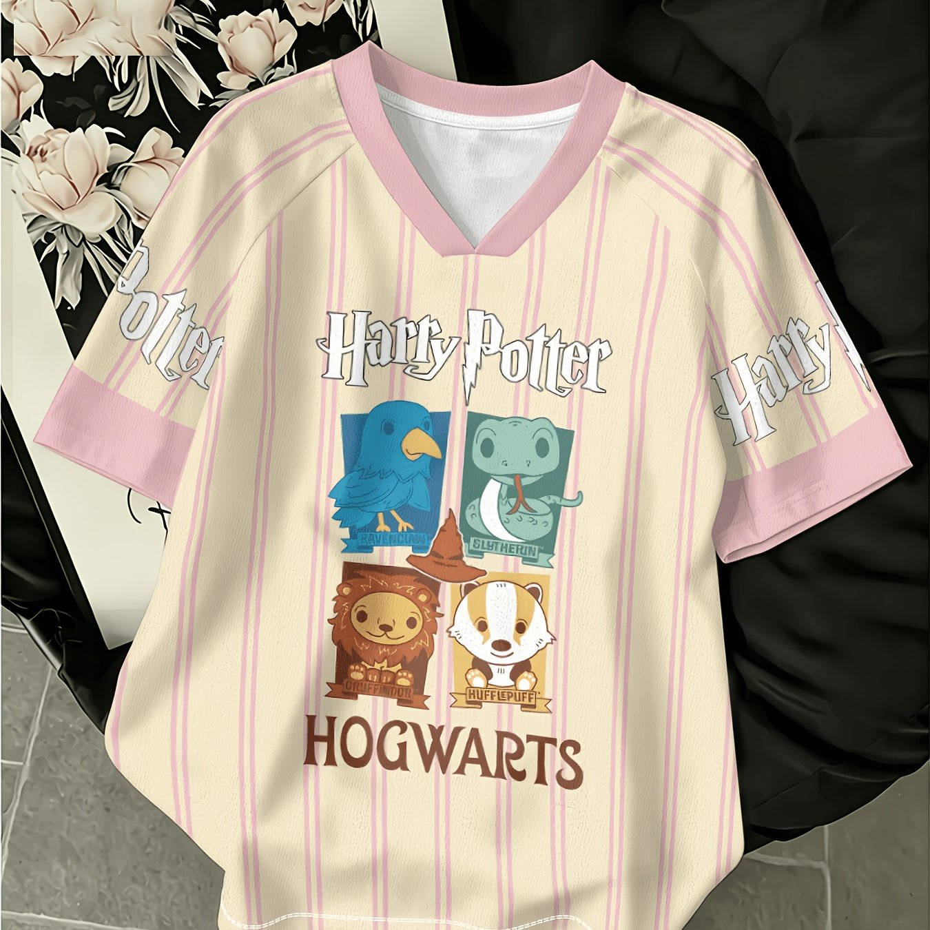 TEMU Harry Potter Hogwarts 4 Houses Badge Combined Print V-neck Raglan T-shirt For Teenage Girls, -themed Teen , Film And Television Peripheral